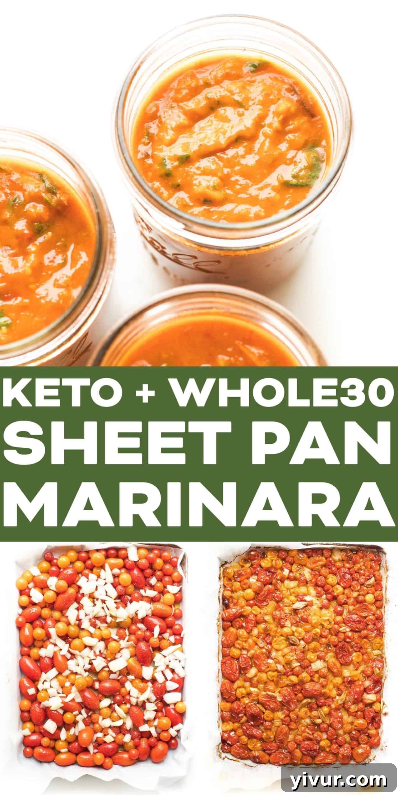 Large batch of sheet pan marinara sauce in mason jars and a bowl of sauce