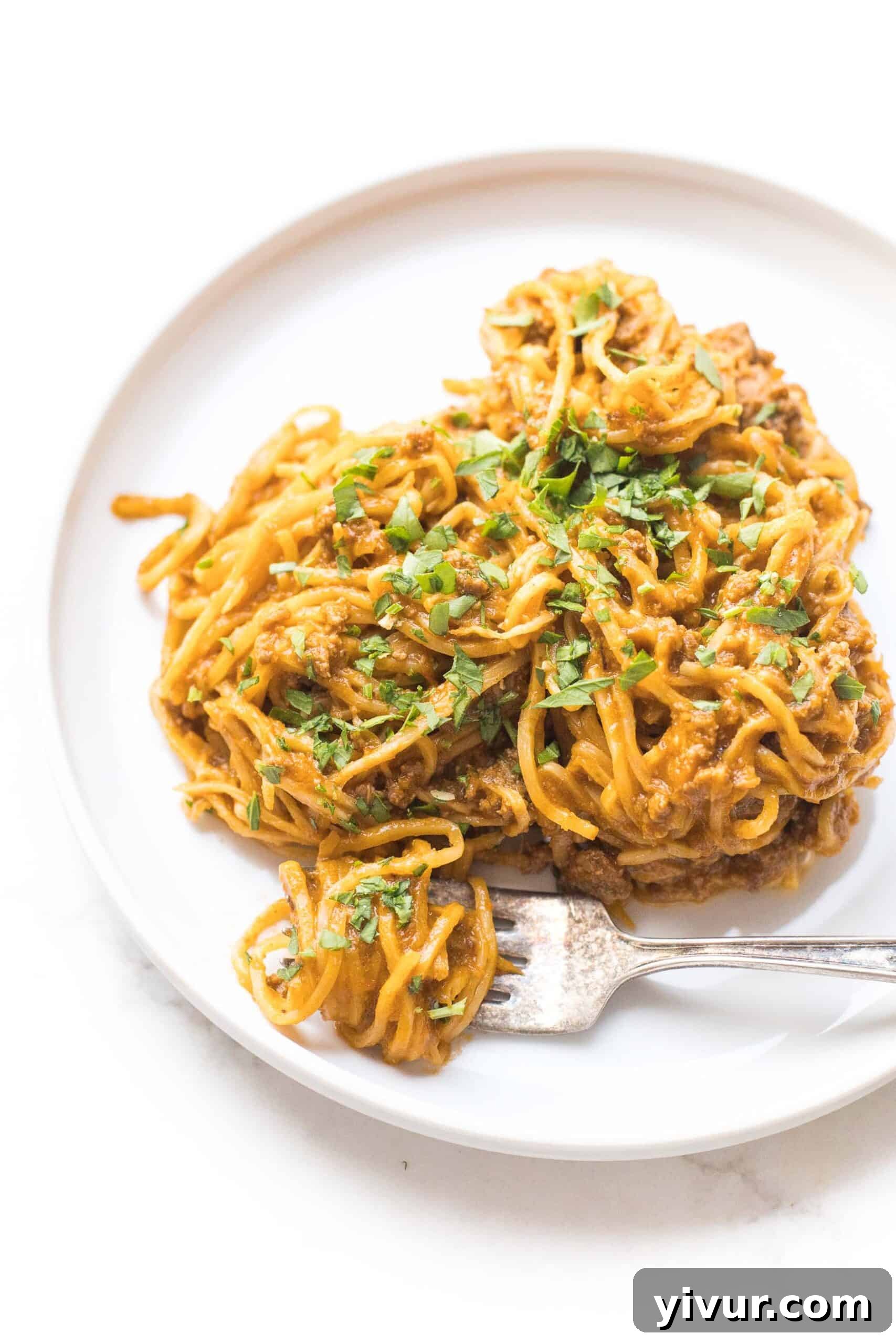 Guilt Free Whole30 Keto Spaghetti with Meat Sauce 3 Close-up of hearts of palm pasta generously coated in a savory red meat sauce, served on a white plate.