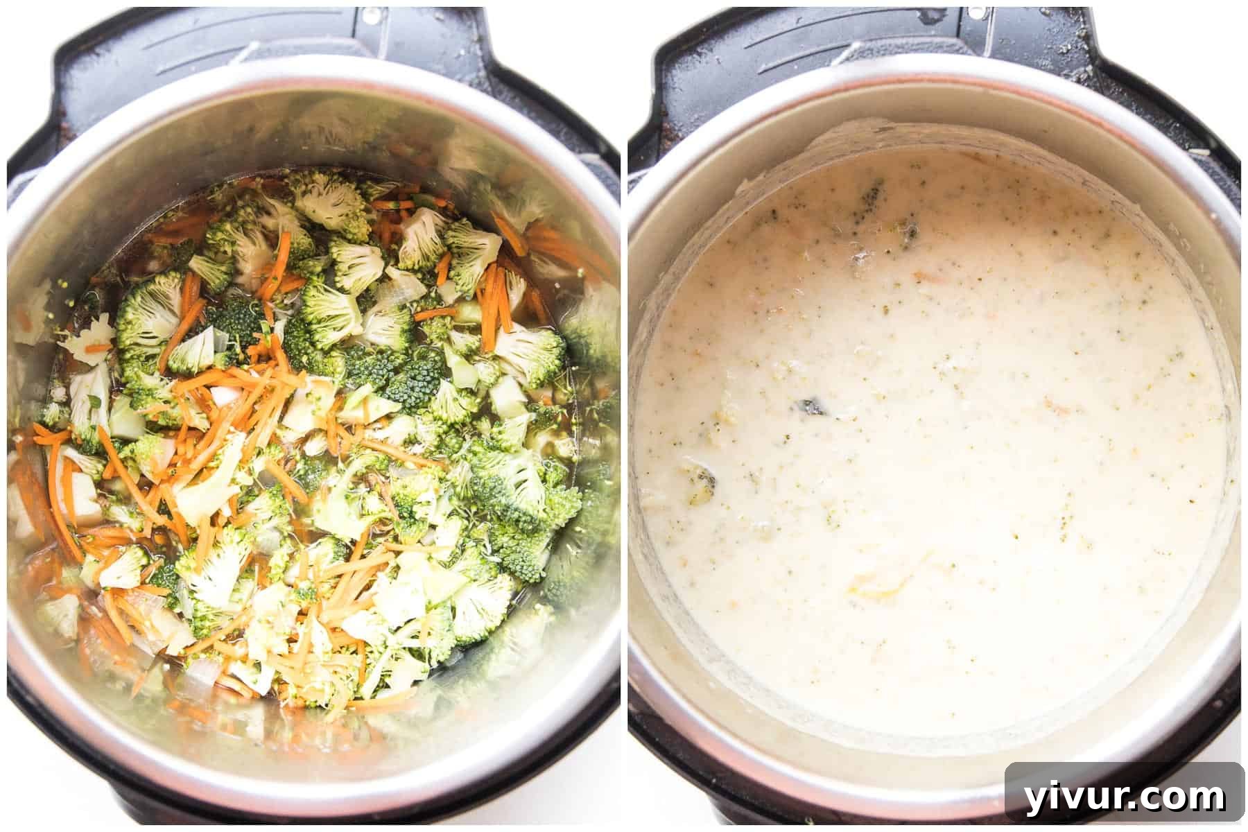 Preparing creamy keto broccoli cheddar soup in an Instant Pot, showing the sautéed aromatics and fresh broccoli florets.