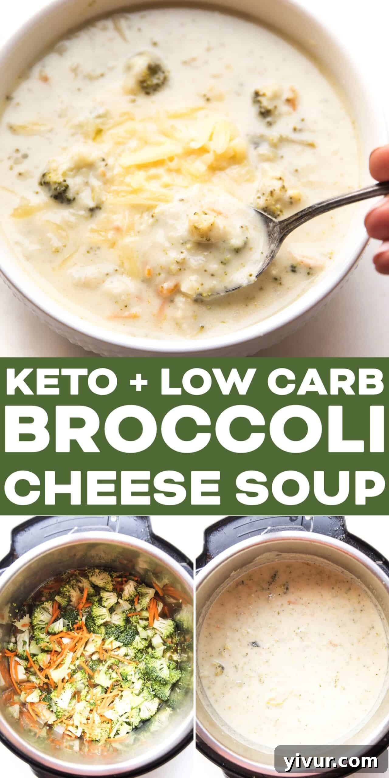 A beautifully presented bowl of creamy Instant Pot Keto Broccoli Cheddar Soup, garnished with green herbs.