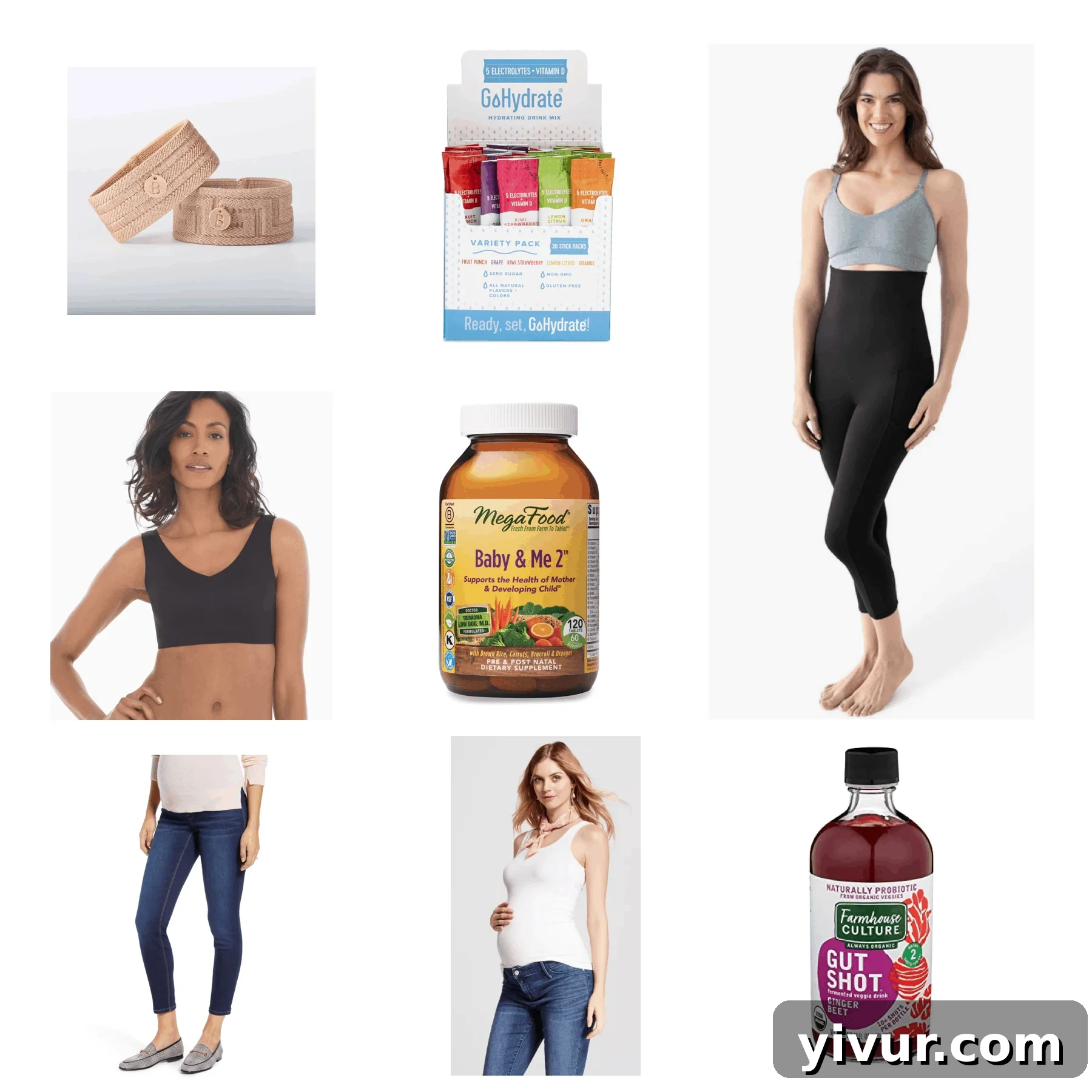 Mama's Must-Haves 4 Collage of pregnancy favorite products including supplements, drinks, and apparel