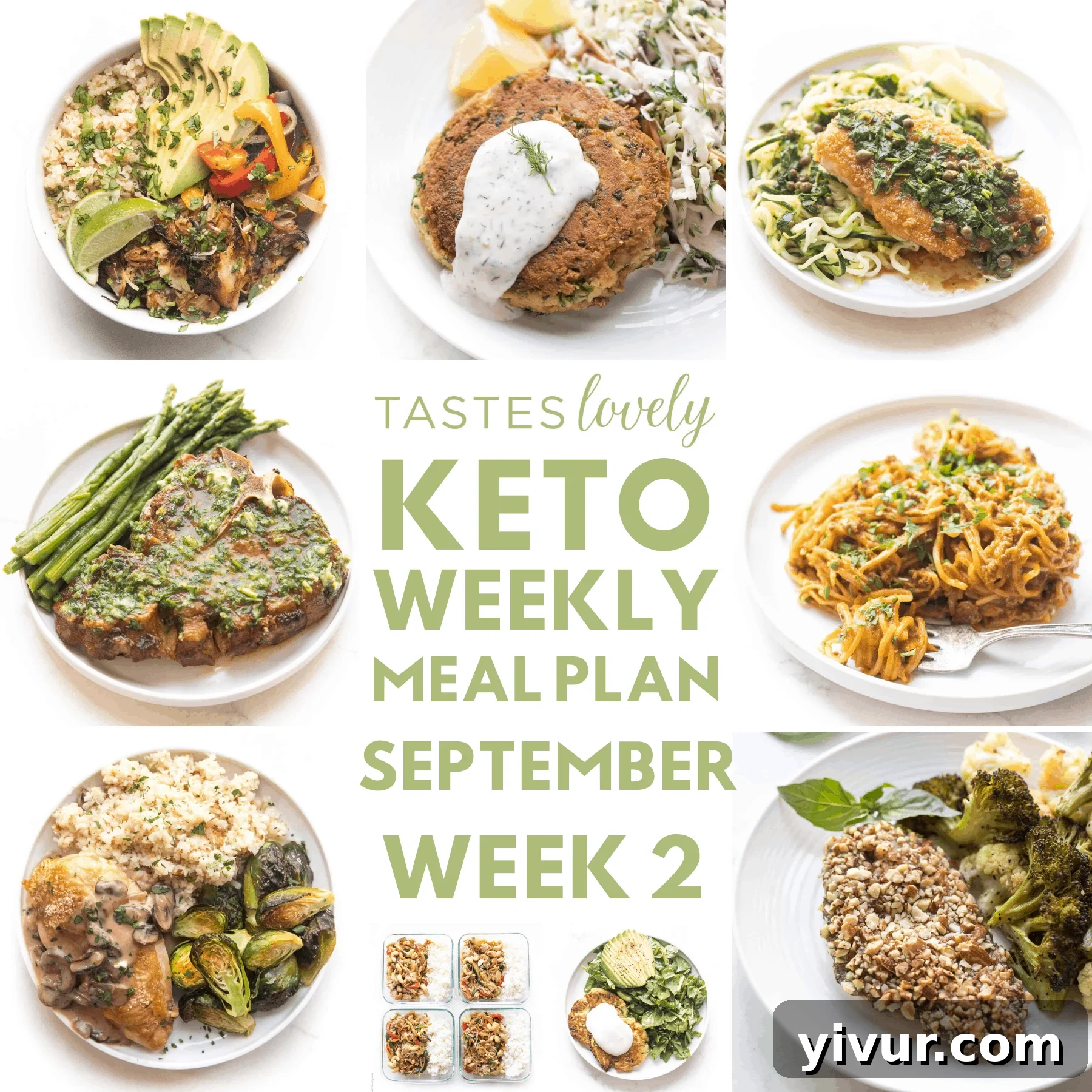 A vibrant weekly keto meal plan featuring a variety of healthy, low-carb dishes, suitable for the second week of September.