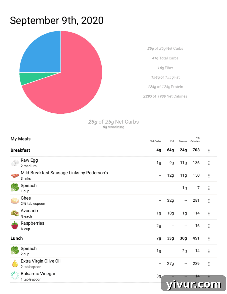 A detailed screenshot showing the daily nutritional summary, including total calories, carbs, fat, and protein intake, along with micronutrient data.