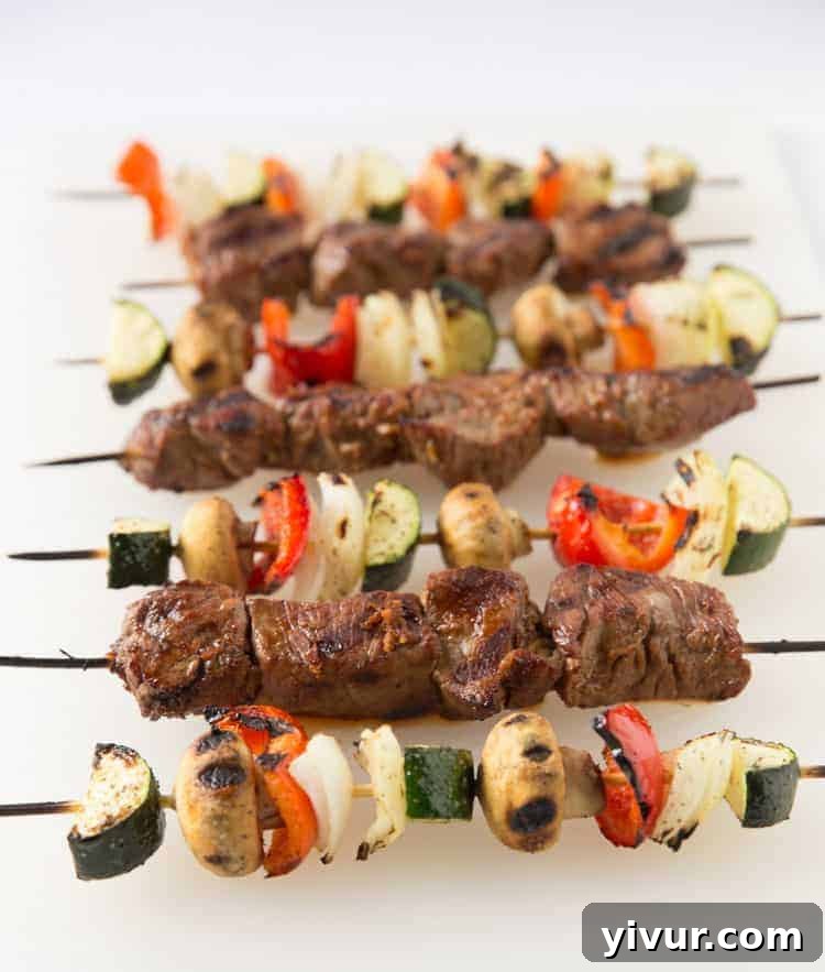 Juicy grilled sirloin steak and colorful vegetable kabobs, perfect for a healthy paleo, gluten-free, and low-carb meal