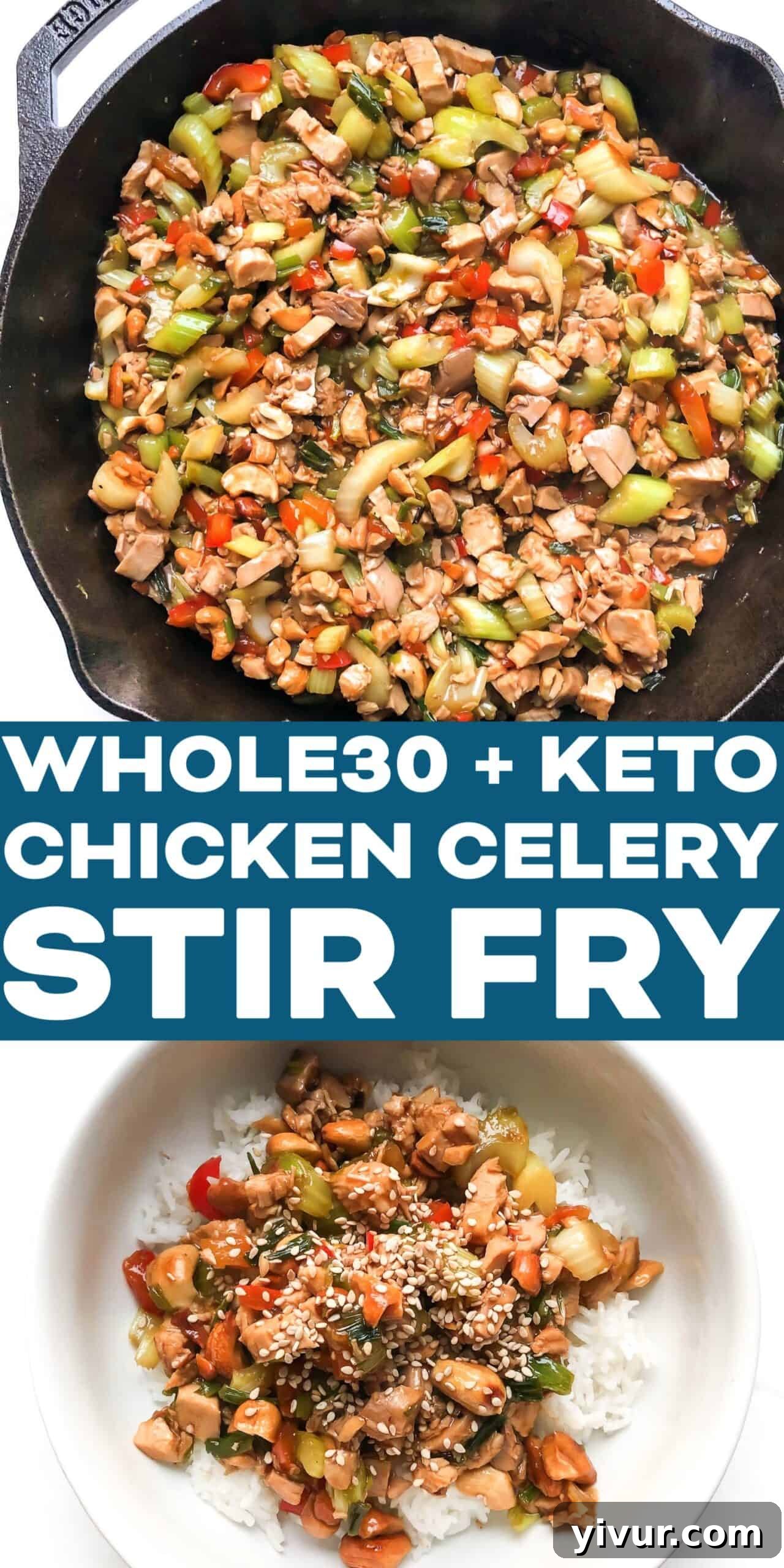 CHICKEN AND CELERY STIR FRY IN A WHITE BOWL TOPPED WITH SESAME SEEDS OVER CAULIFLOWER RICE IN A WHITE BOWL AND BACKGROUND