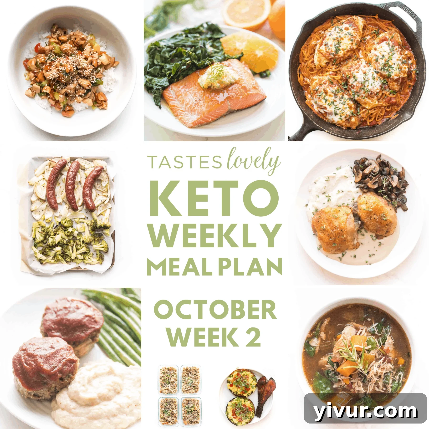 A vibrant display of keto-friendly ingredients and prepared dishes, symbolizing a week of healthy eating.