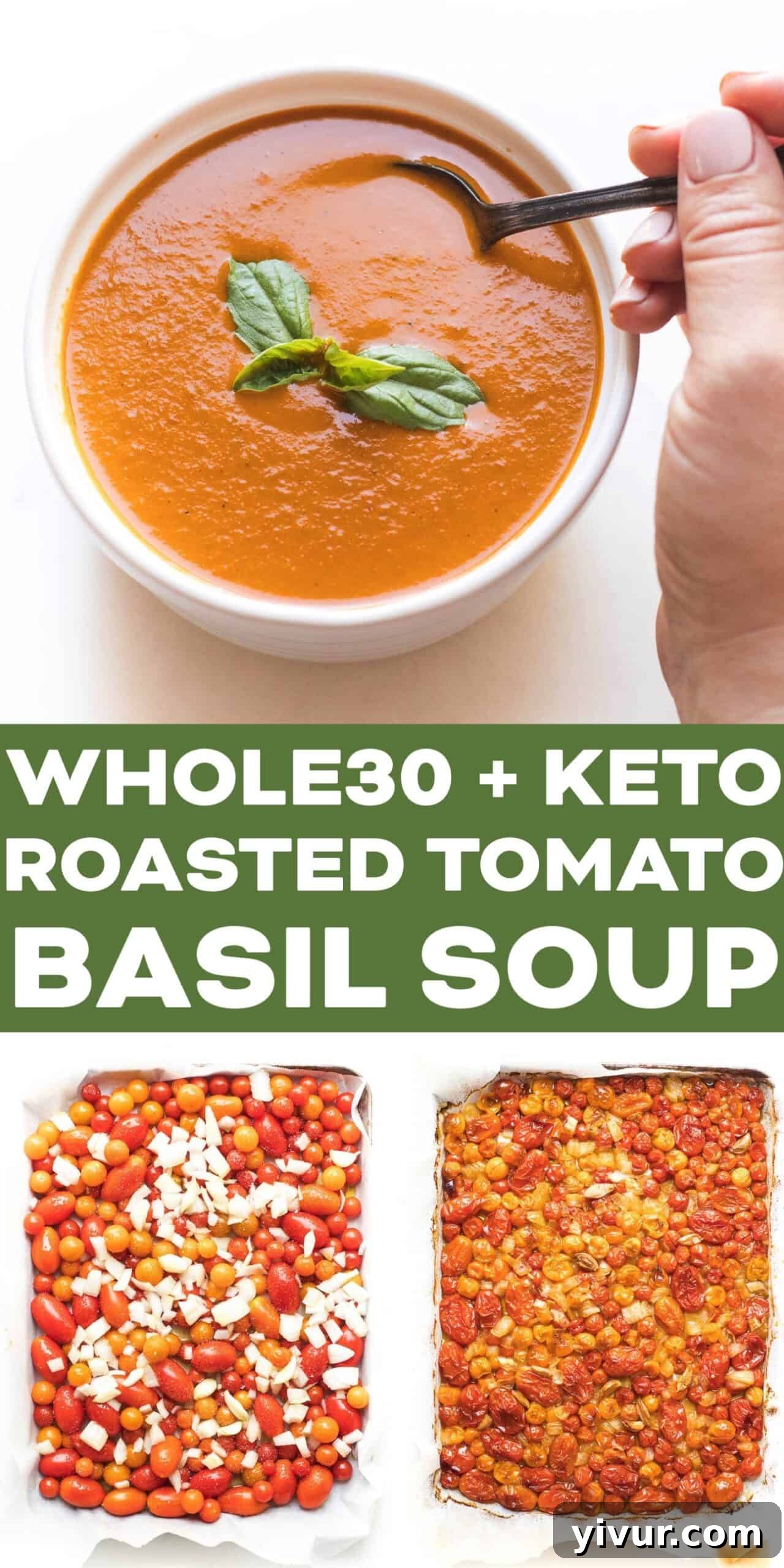 A large serving of roasted tomato basil soup in a white bowl, garnished with fresh basil, viewed from above