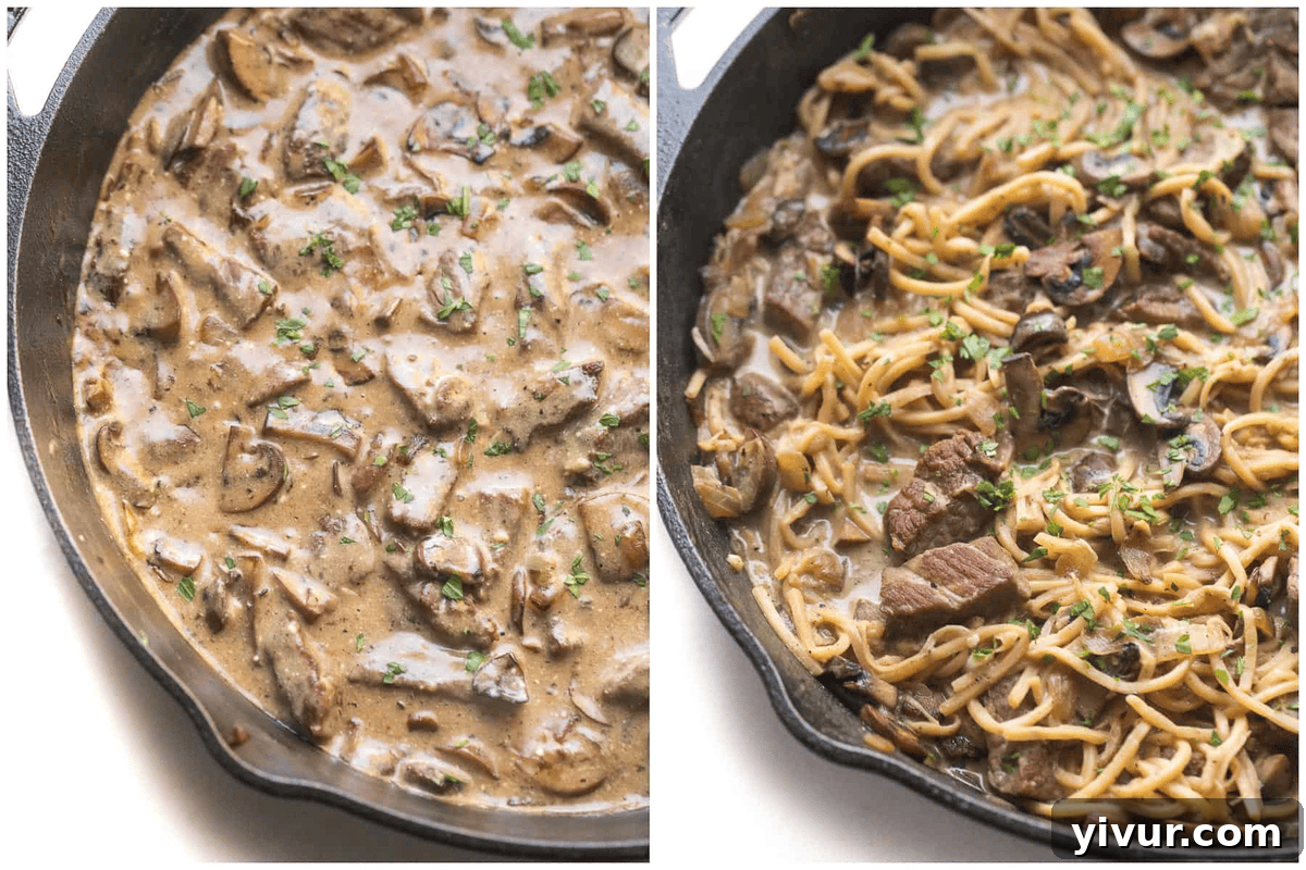 Two images side by side: the left shows beef stroganoff in a cast iron skillet before adding noodles, the right shows the completed dish with low-carb noodles mixed in.