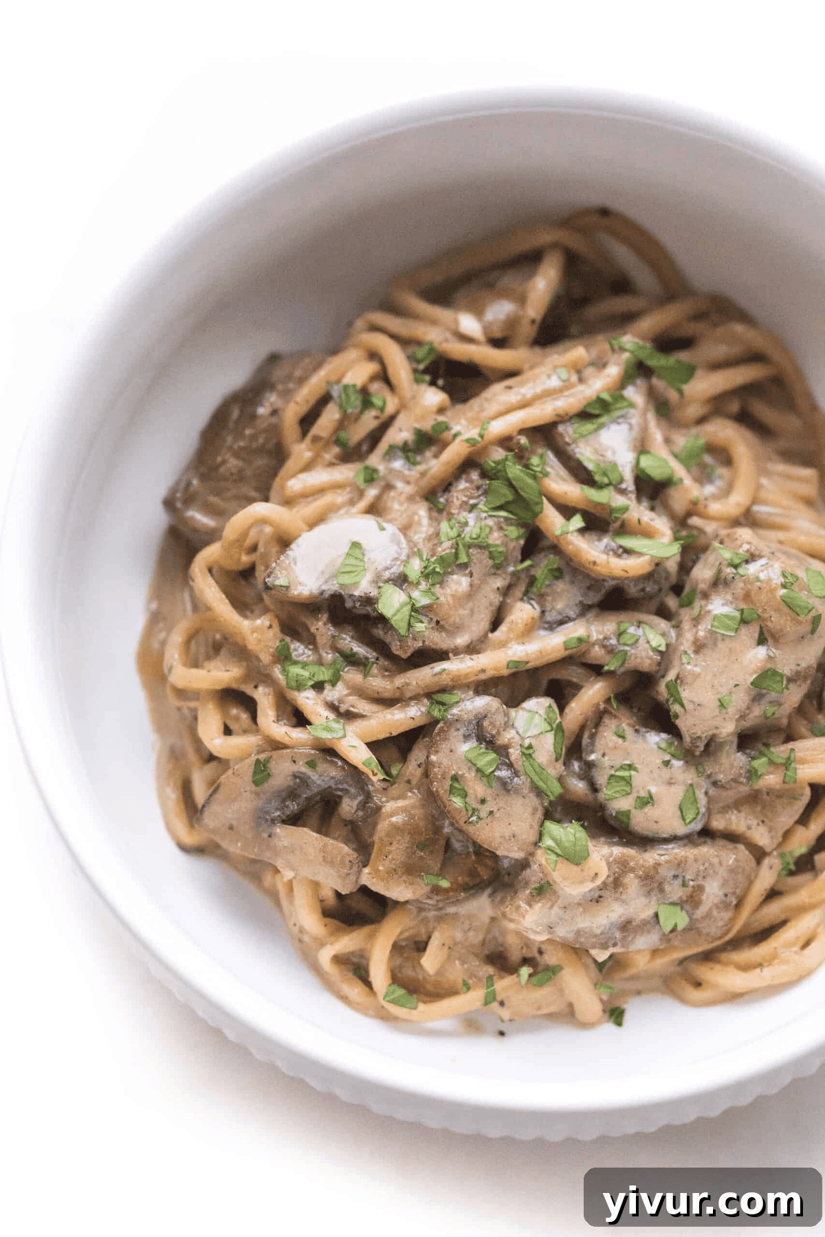 A serving of creamy keto beef stroganoff garnished with fresh herbs, presented in a elegant white bowl.