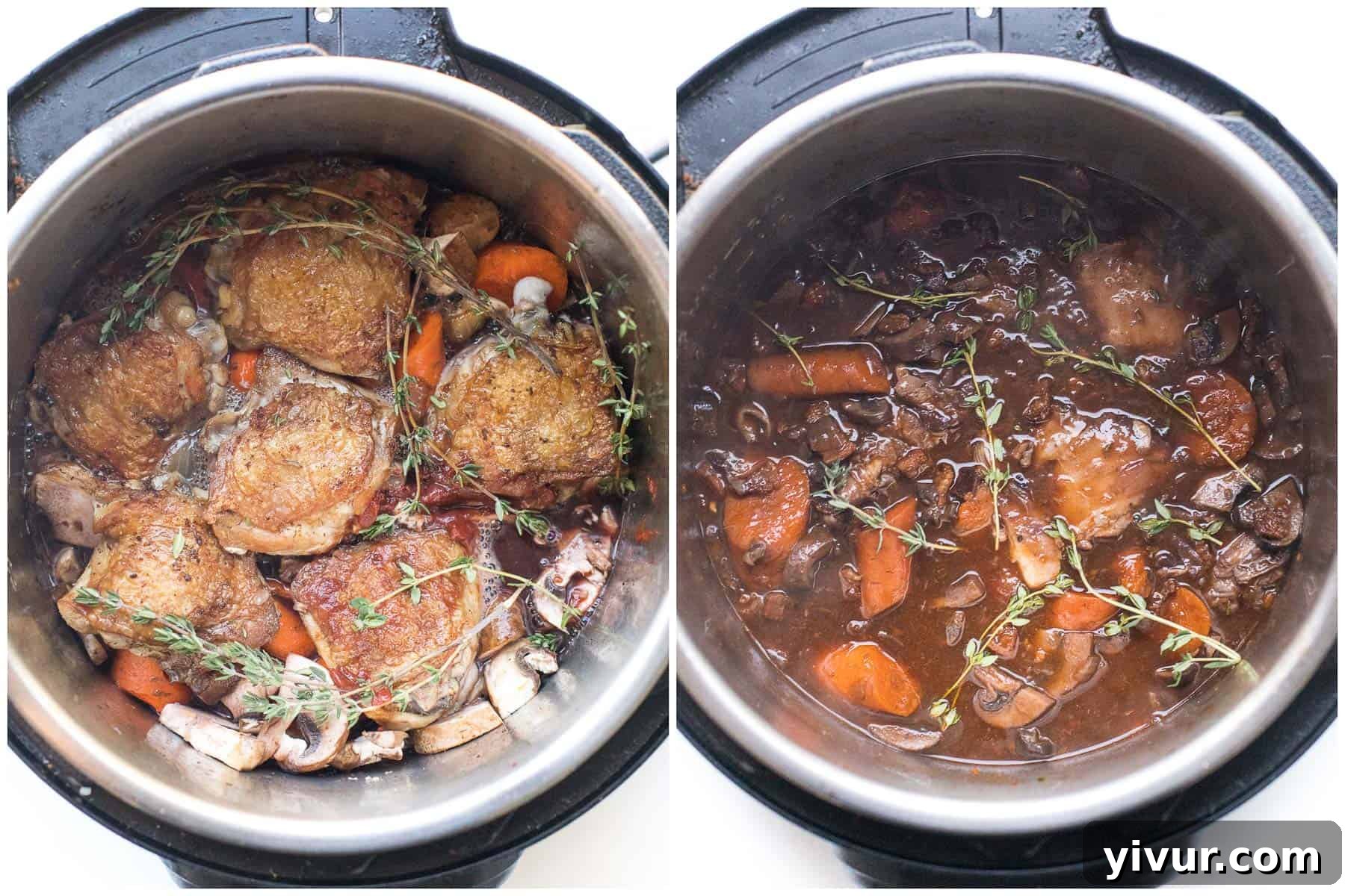 before and after of making keto coq au vin in an instant pot