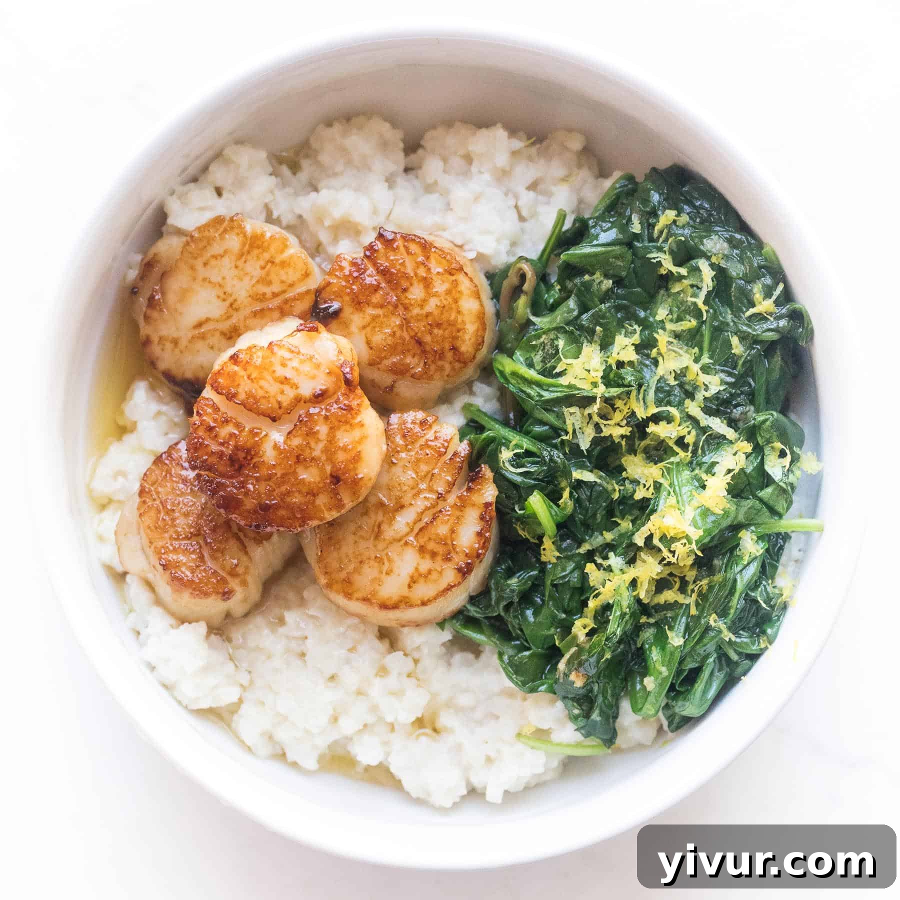 Keto + Whole30 Seared Scallops with risotto and sauteed spinach