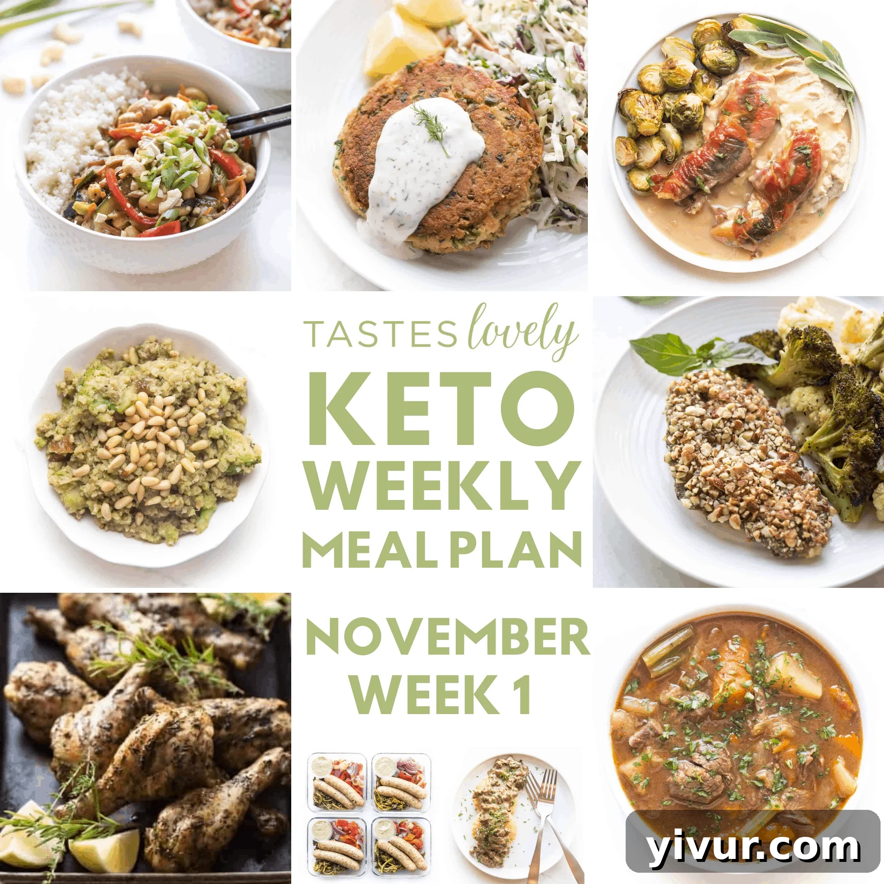 First Week of November Keto Meal Strategy 2 A vibrant collage of delicious keto-friendly meals including stir-fry, salmon cakes, and chicken dishes.