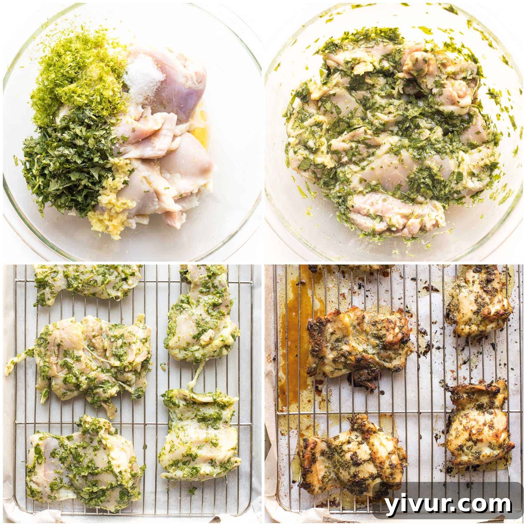 Step-by-step imagery showing ingredients for cilantro lime chicken thighs in a bowl, marinating, and raw chicken on a baking sheet before roasting.