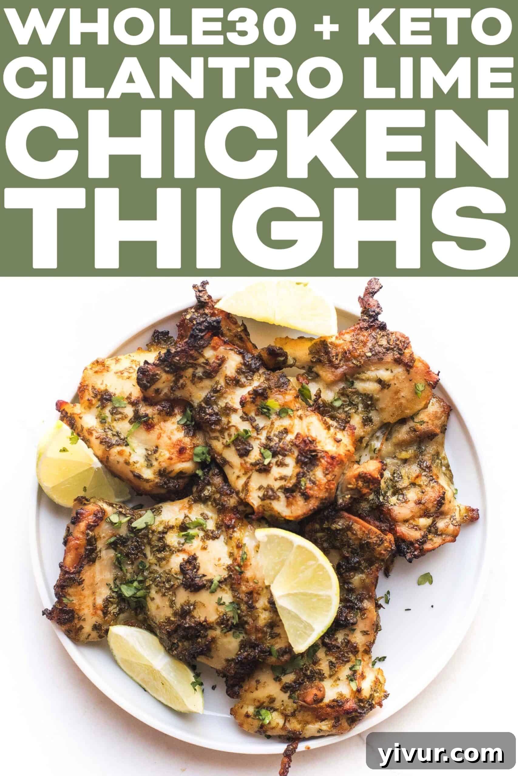 A close-up shot of crispy, golden-brown Whole30 + Keto Cilantro Lime Chicken Thighs with fresh cilantro and lime wedges, showcasing their appealing texture.