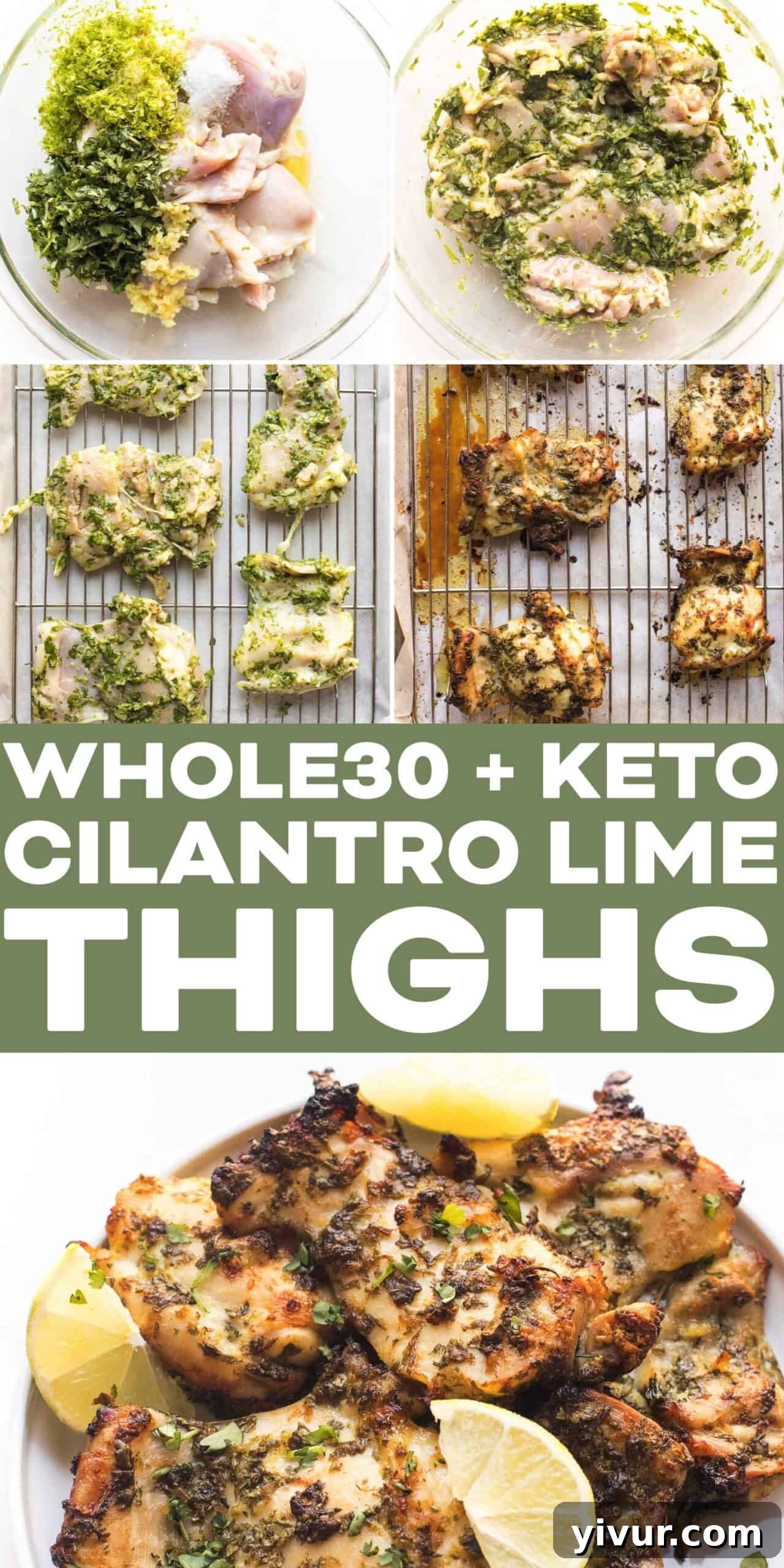 Overhead shot of a platter of freshly roasted Whole30 + Keto Cilantro Lime Chicken Thighs, garnished with an abundance of fresh cilantro and lime slices, ready to be served.