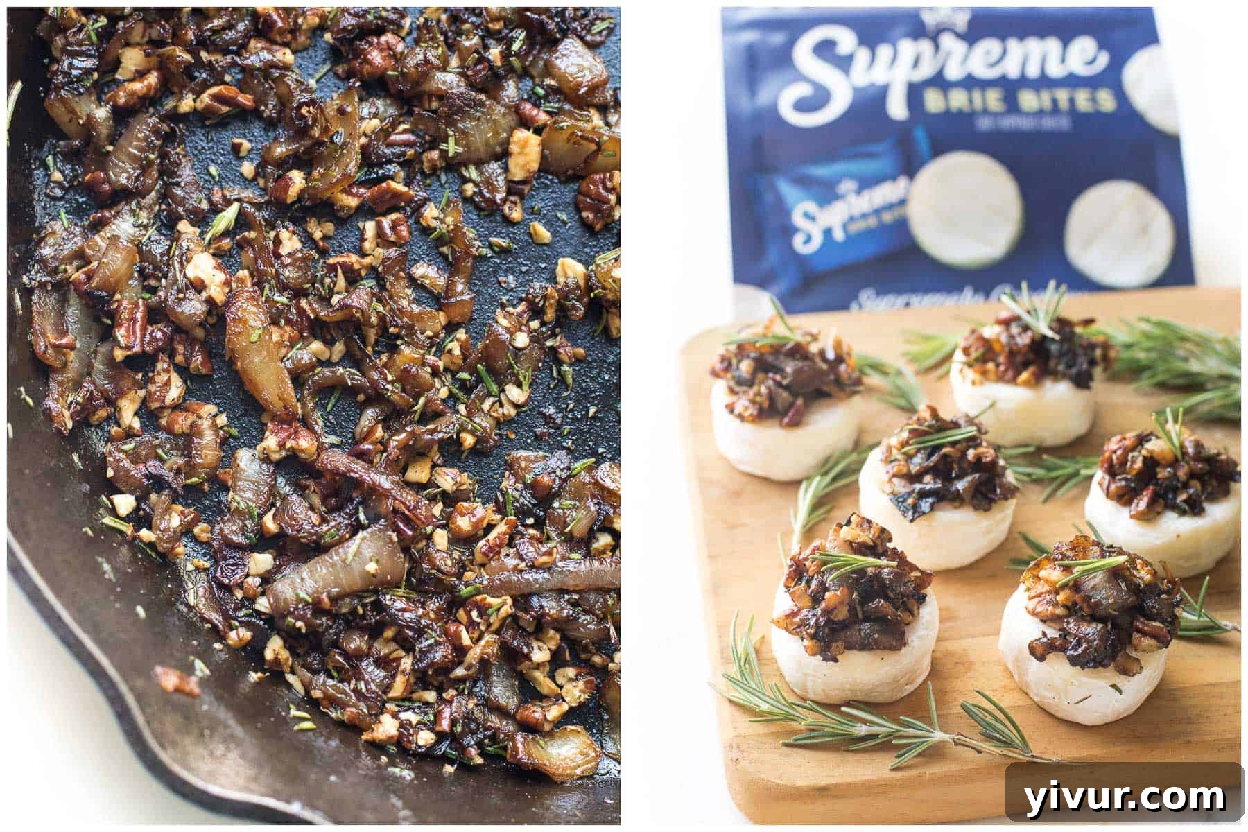 Close-up of three individual brie cheese bites with caramelized onion, rosemary, and pecan topping.