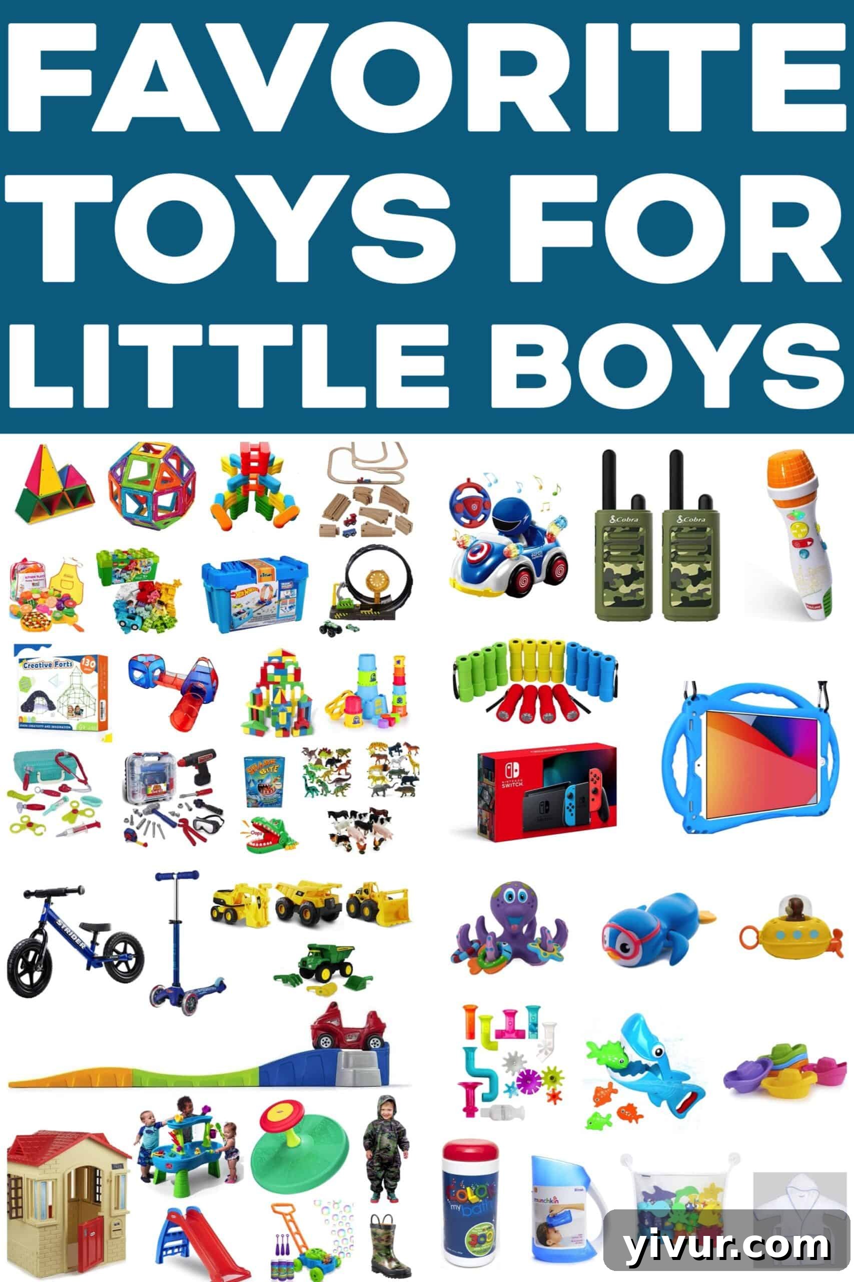 A selection of the best toys for toddler boys, including building blocks, trucks, and sensory play items.