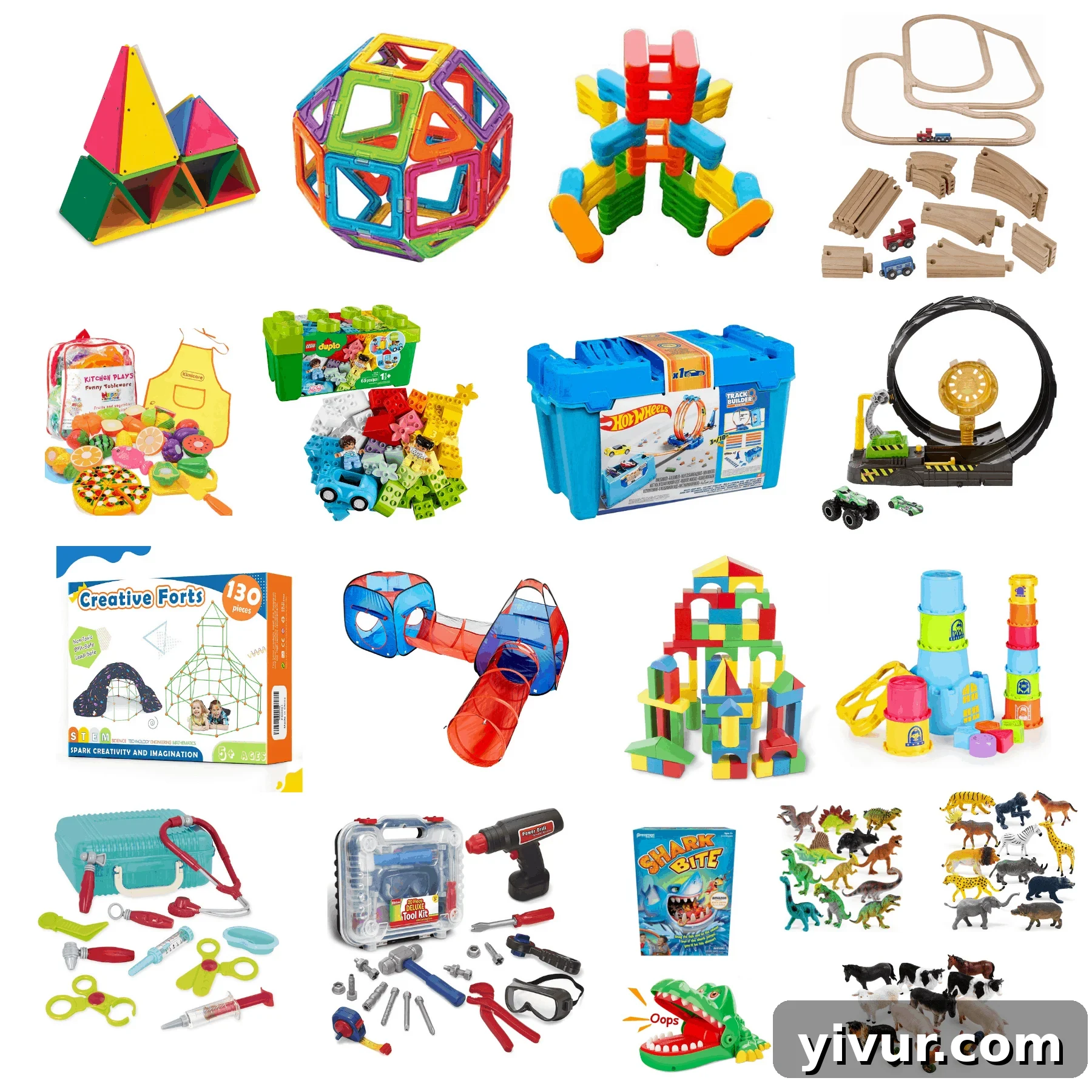 A vibrant collection of imaginative play toys for boys, featuring magnetic tiles and building blocks.