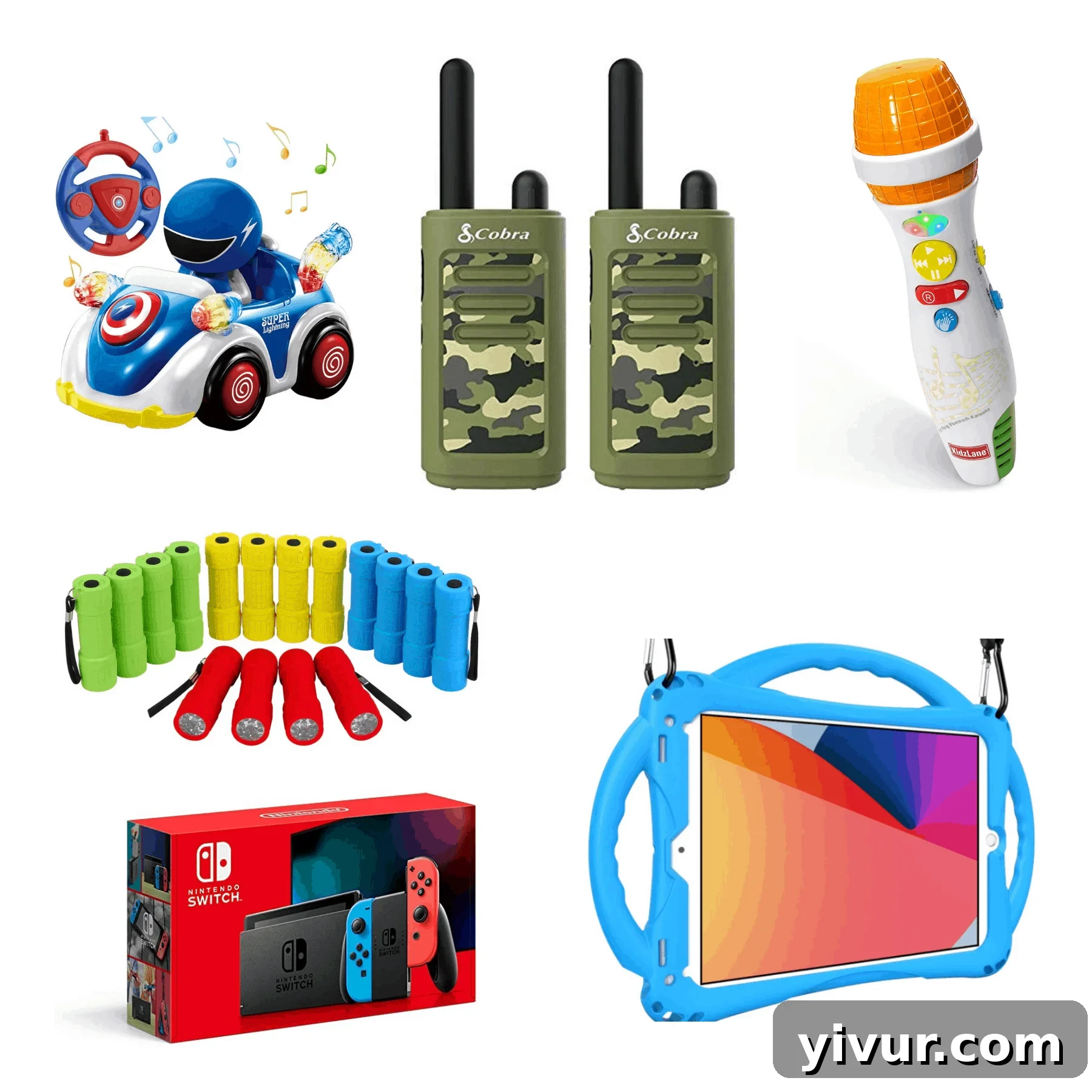 A selection of electronic toys for toddler boys, including a remote control car and a children's microphone.