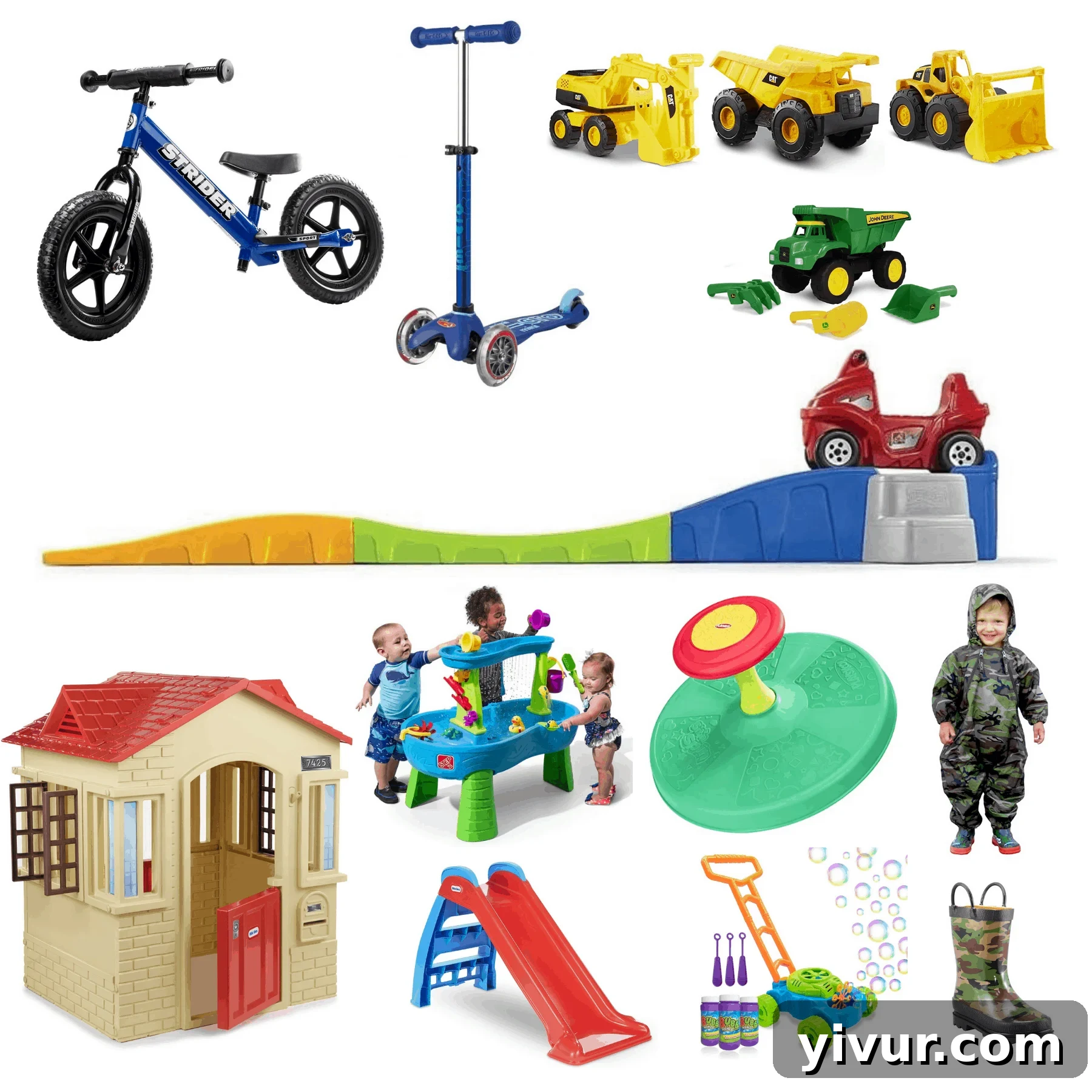 A collection of engaging outdoor play toys for boys, featuring a balance bike, scooter, and sandbox construction vehicles.