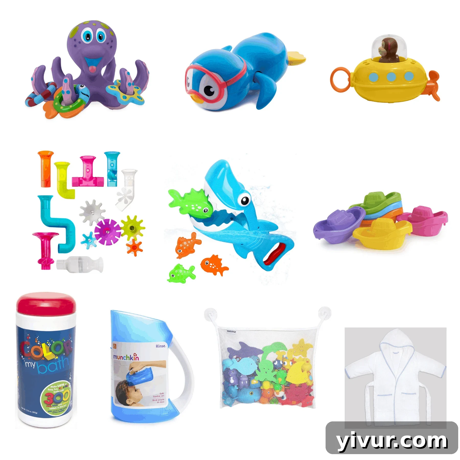 A charming collection of bath toys for toddler boys, including a floating octopus ring toss and bath building pipes.