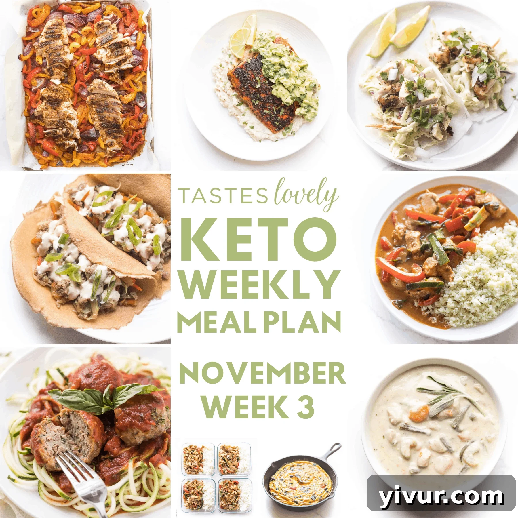 A vibrant collage featuring various delicious keto meals, including sheet pan chicken fajitas, blackened salmon, and creamy chicken chowder, designed to inspire healthy eating.