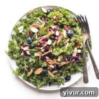 A vibrant bowl of Keto Kale Pomegranate and Blueberry Salad