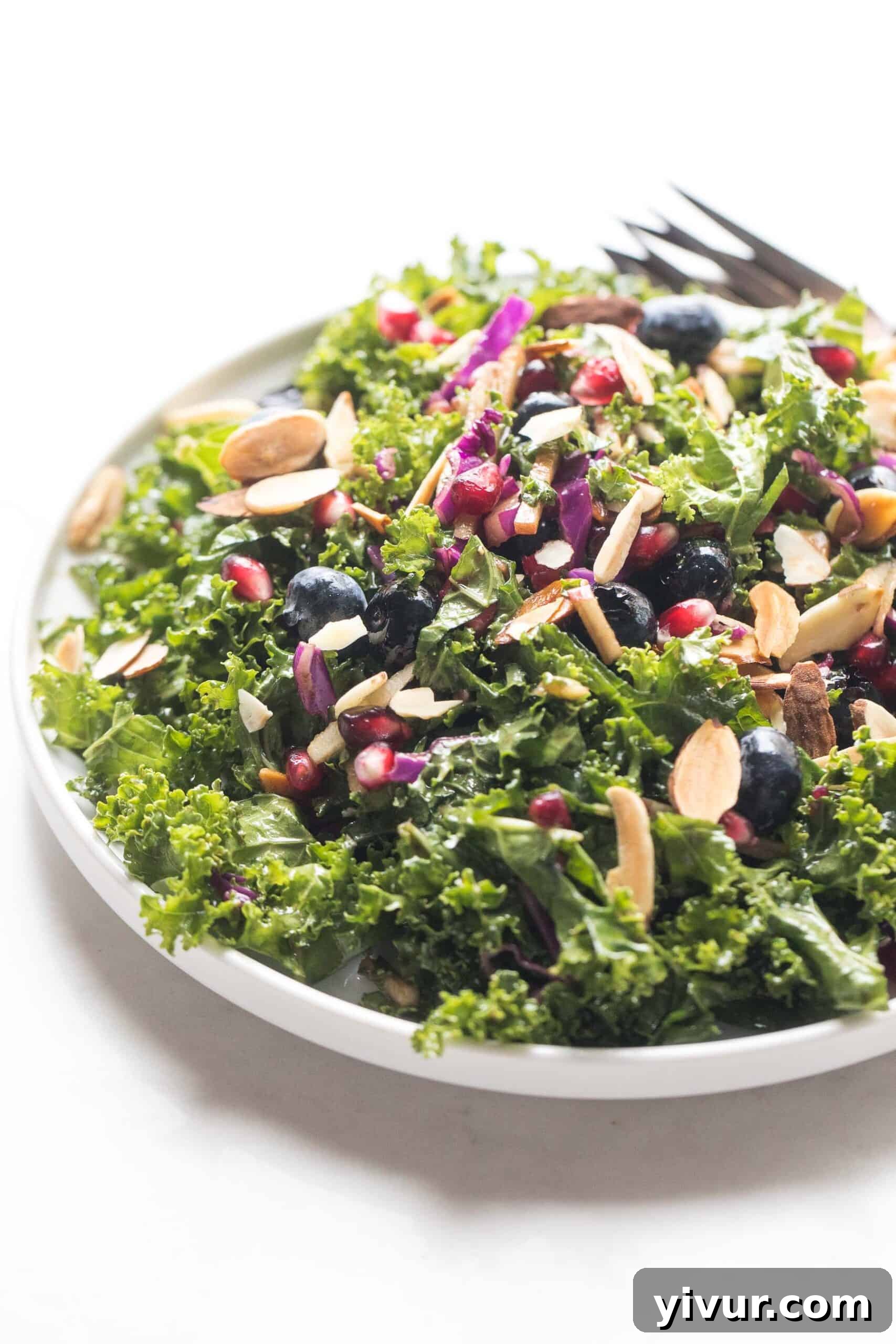 A freshly made Keto Kale Pomegranate and Blueberry Salad on a white plate, ready to be served.