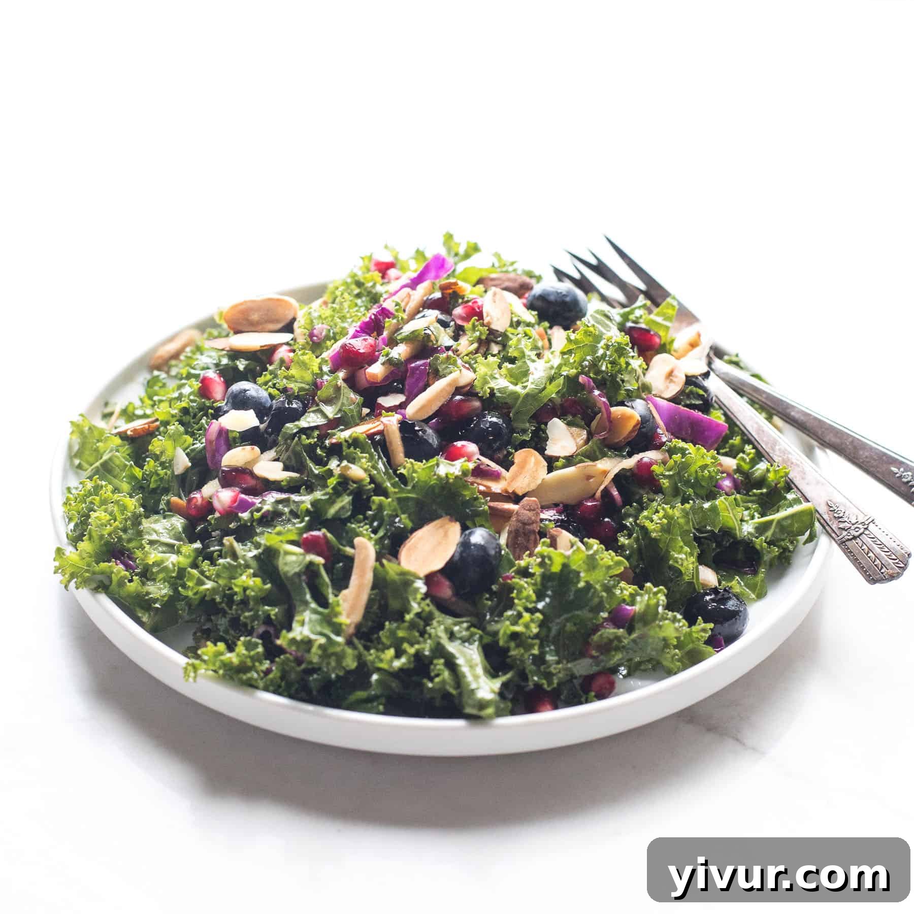 A beautifully plated Keto Kale Pomegranate and Blueberry Salad, showcasing its vibrant colors and textures.