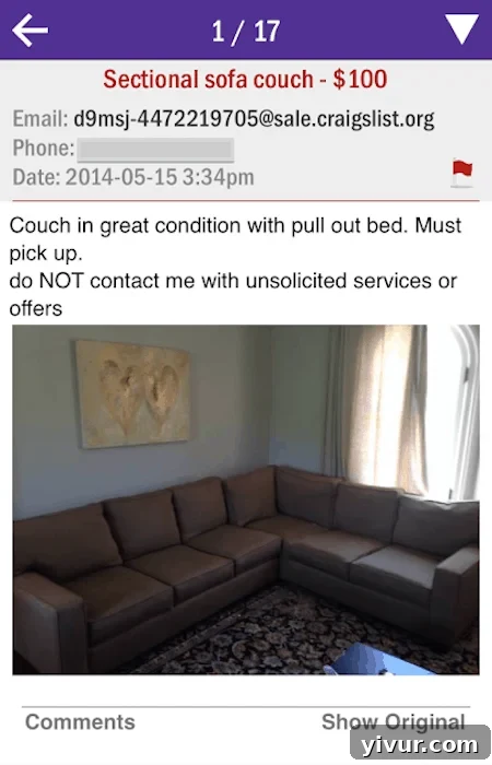 Craigslist Ad for a sectional couch, a promising find