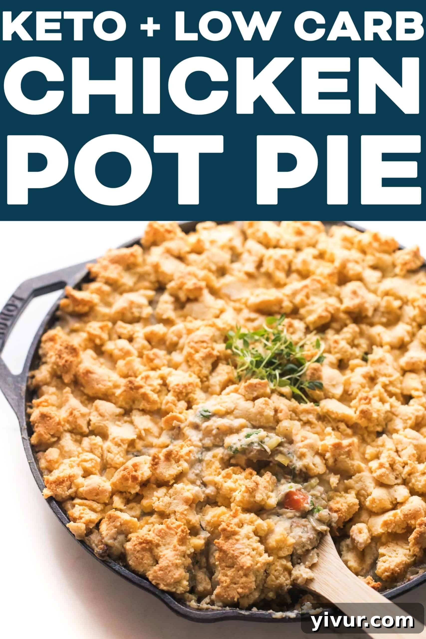 Two servings of Keto Chicken Pot Pie Crumble, one in a skillet and one in a bowl, on a rustic background, emphasizing coziness