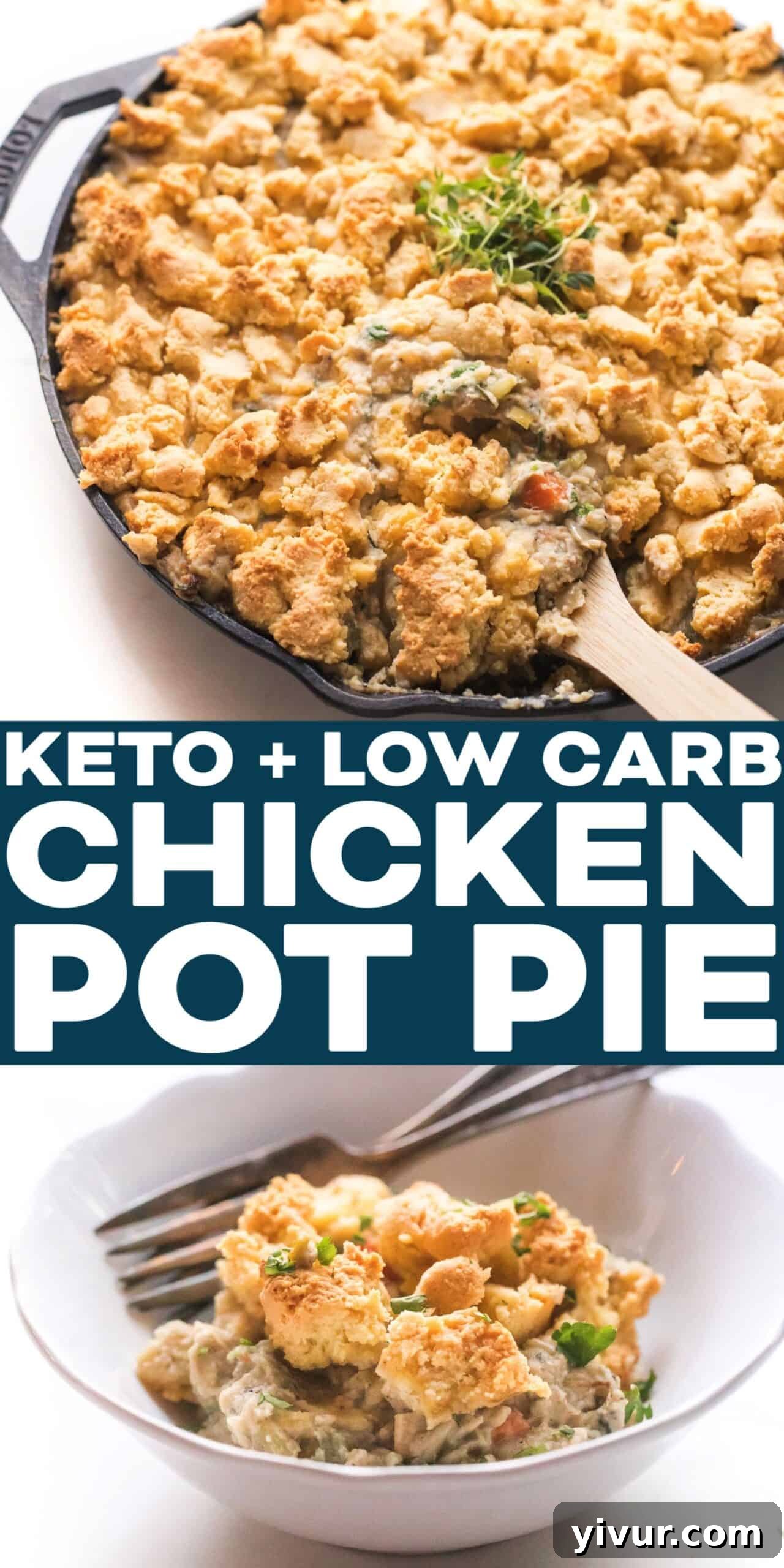 Top-down view of Keto Chicken Pot Pie Crumble in a cast iron skillet, showcasing the golden biscuit topping and rich filling