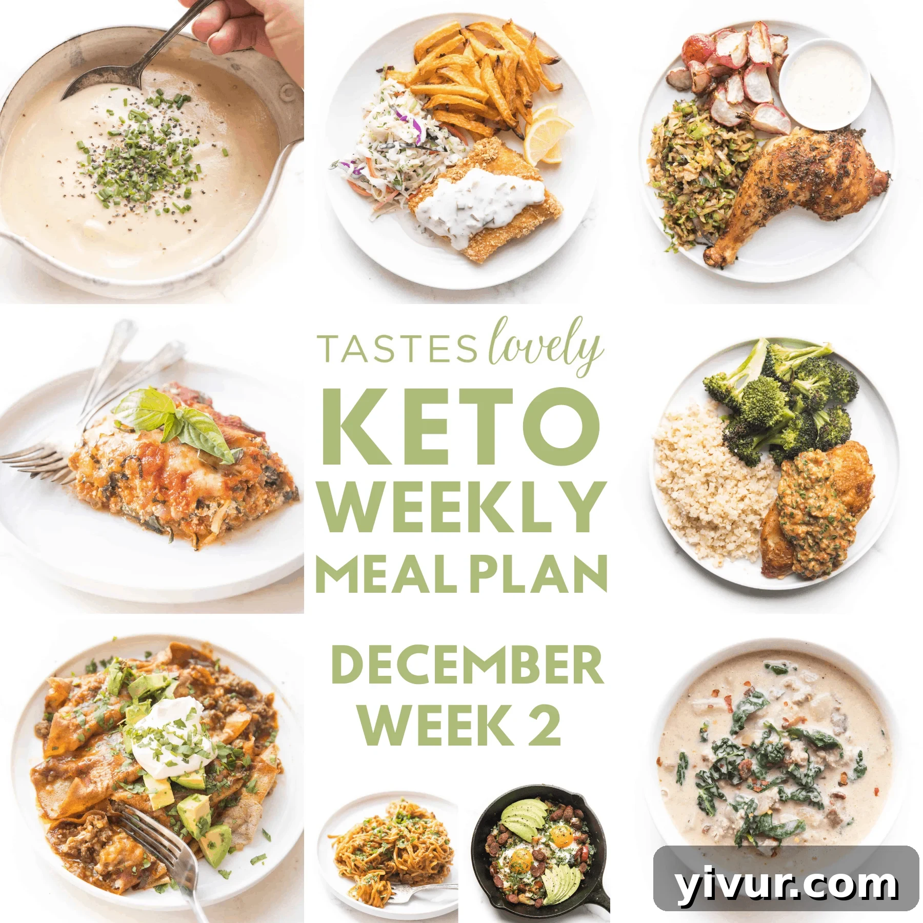 Keto Weekly Meal Plan for the 2nd week of December, 2020, featuring various delicious low-carb dishes like soup, fish and chips, and lasagna.