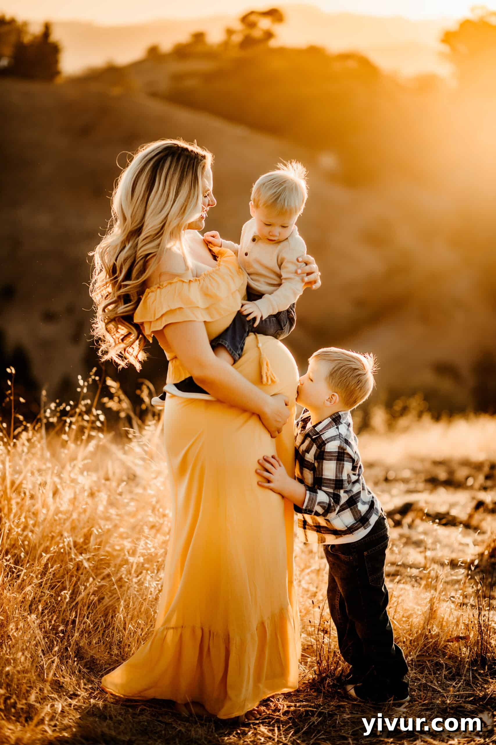 Raising My Trio of Sons 2 pregnant women in yellow dress with 2 little boys, boy mom of 3, sunset photo
