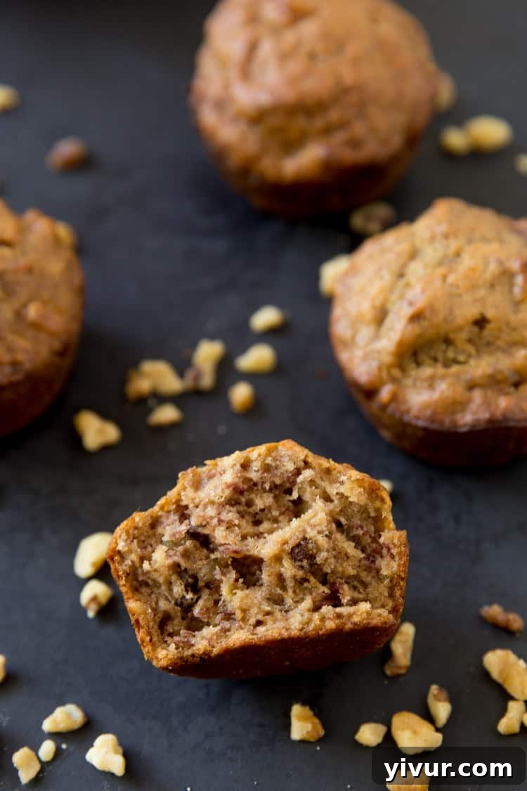 Perfect banana nut muffins. Made with 5 bananas, full of banana flavor!