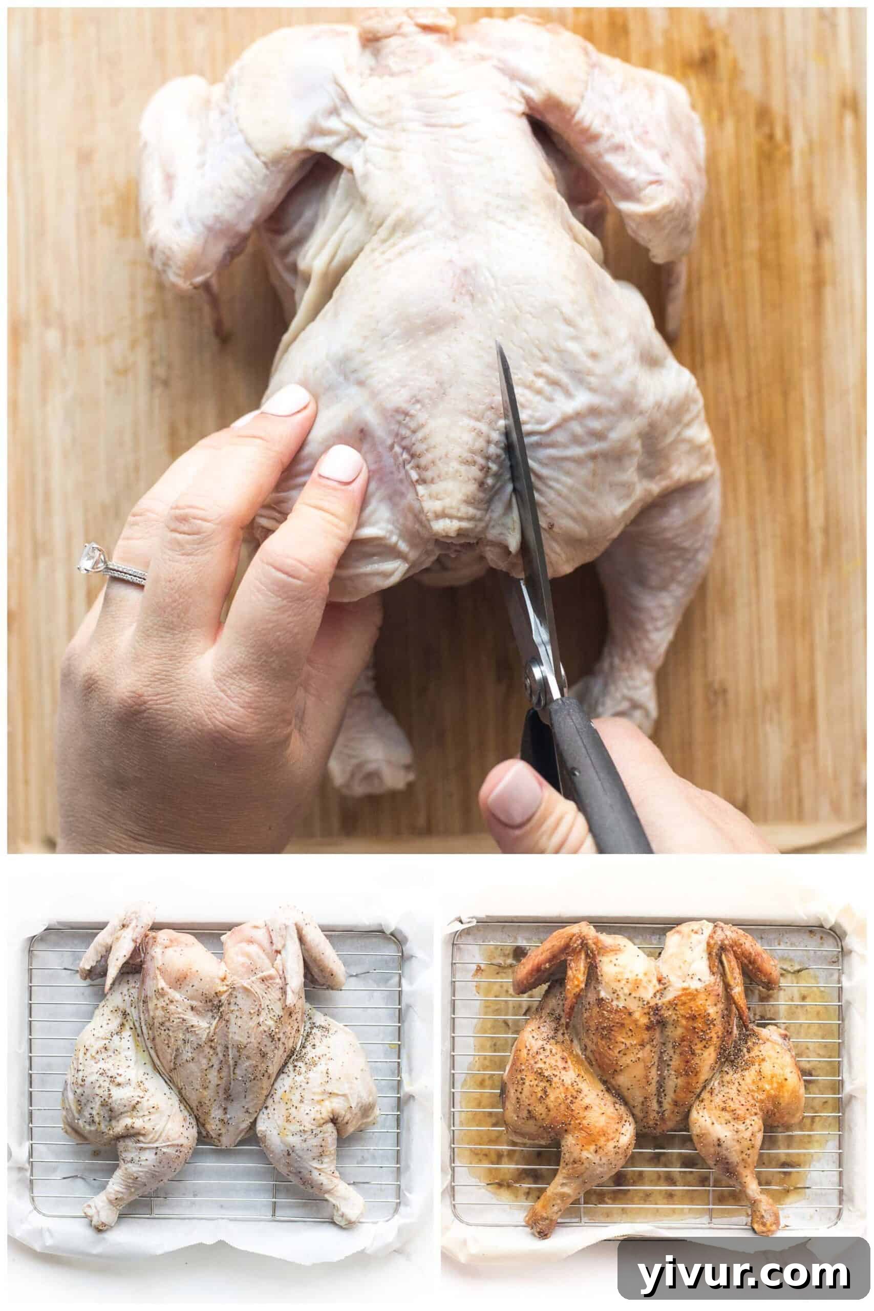 Step-by-step image showing how to prepare a spatchcock chicken for roasting