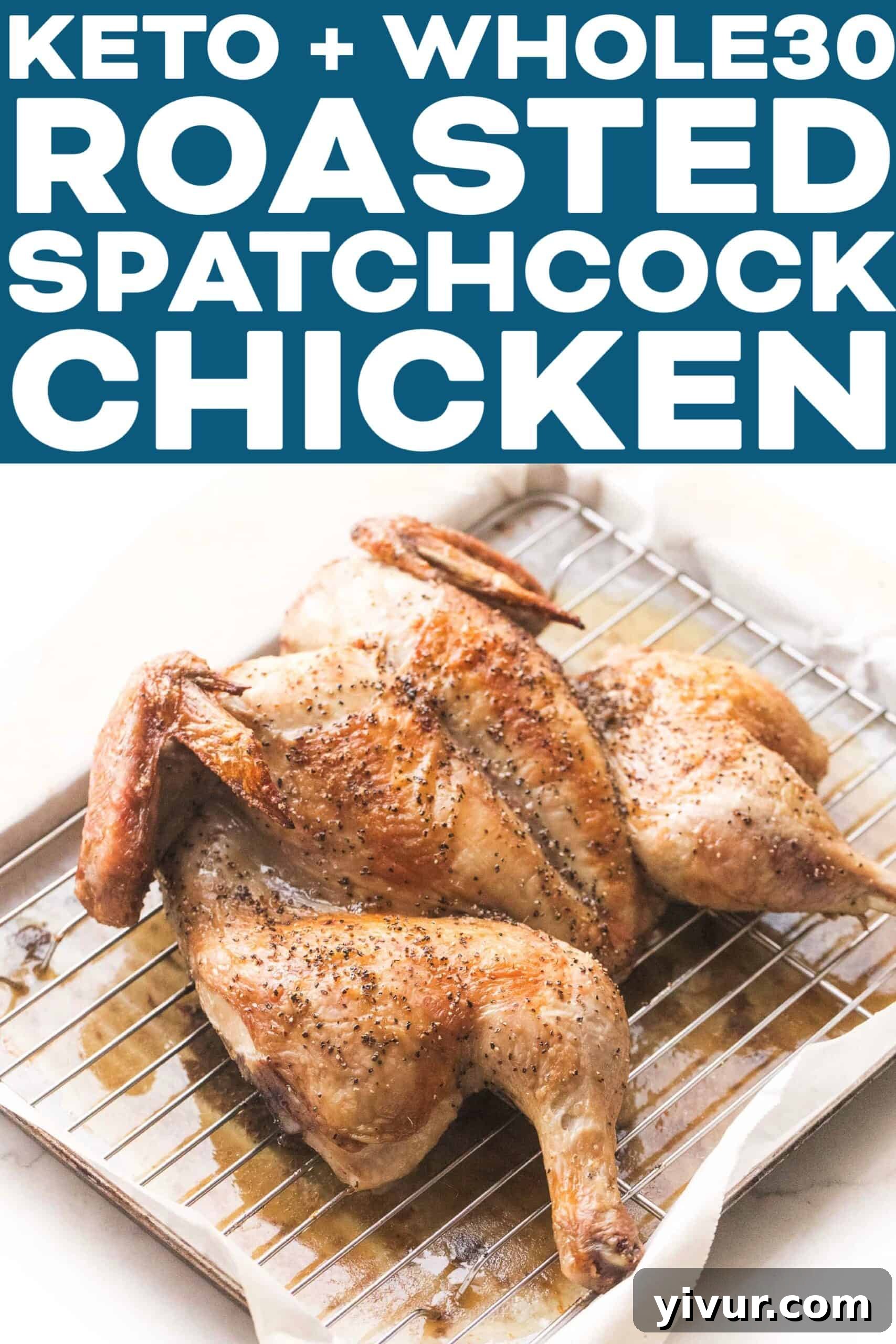 A close-up shot of the perfectly roasted spatchcock chicken, highlighting its crispy skin