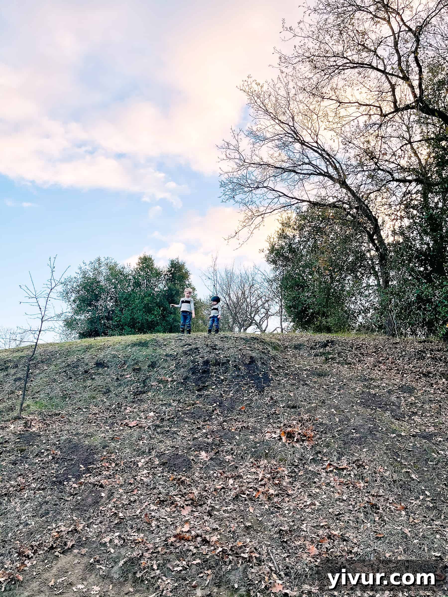 Two young boys climbing a muddy hill at a playground after a rainy day