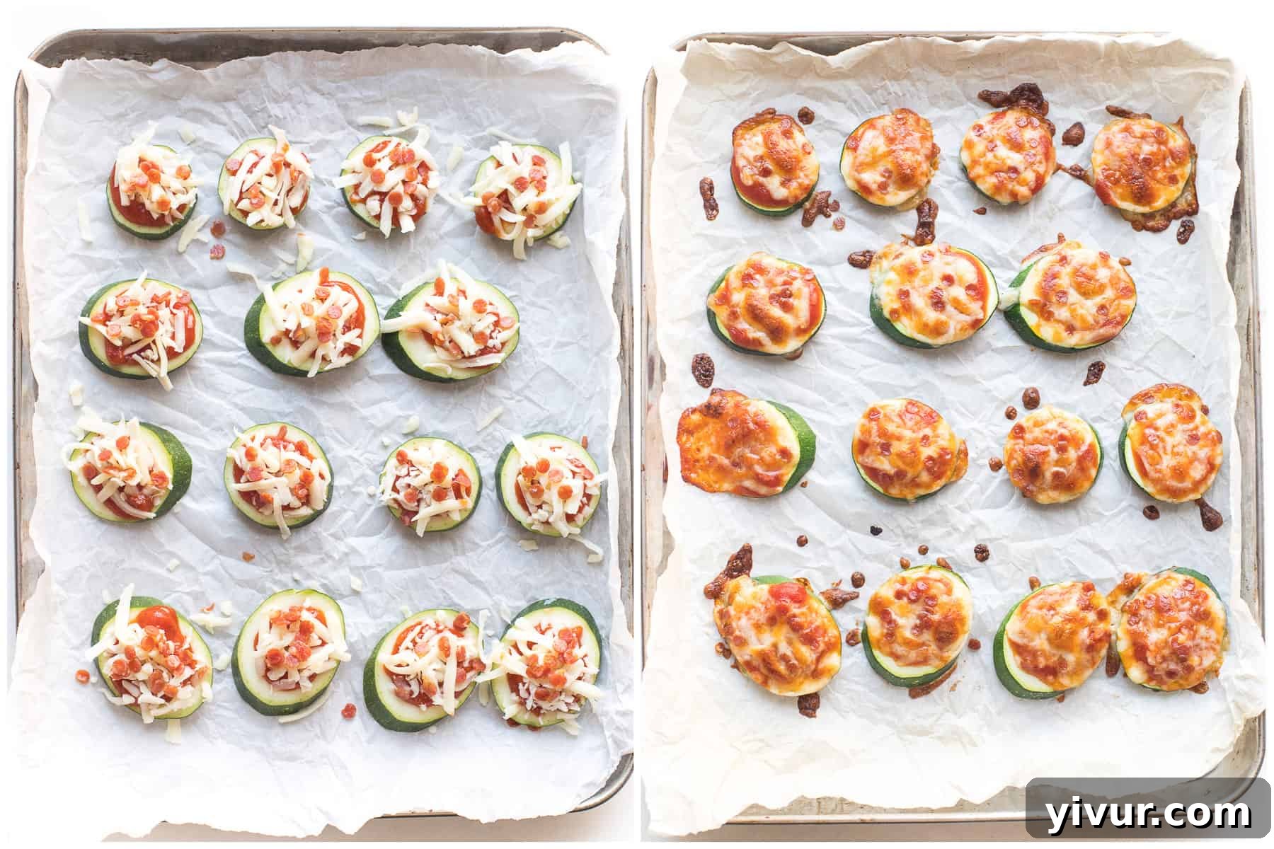 before and after of making keto mini zucchini pizza bites on a white background