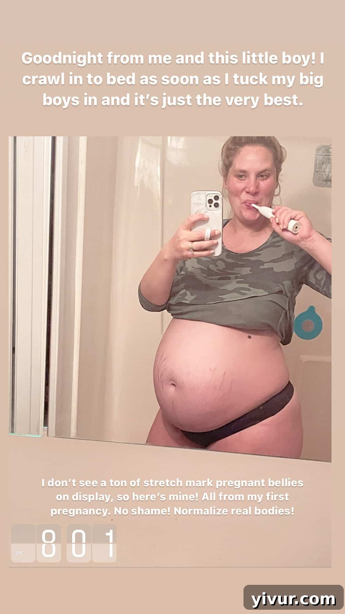 Pregnant belly showing real body with stretch marks, celebrating maternity body image and body positivity