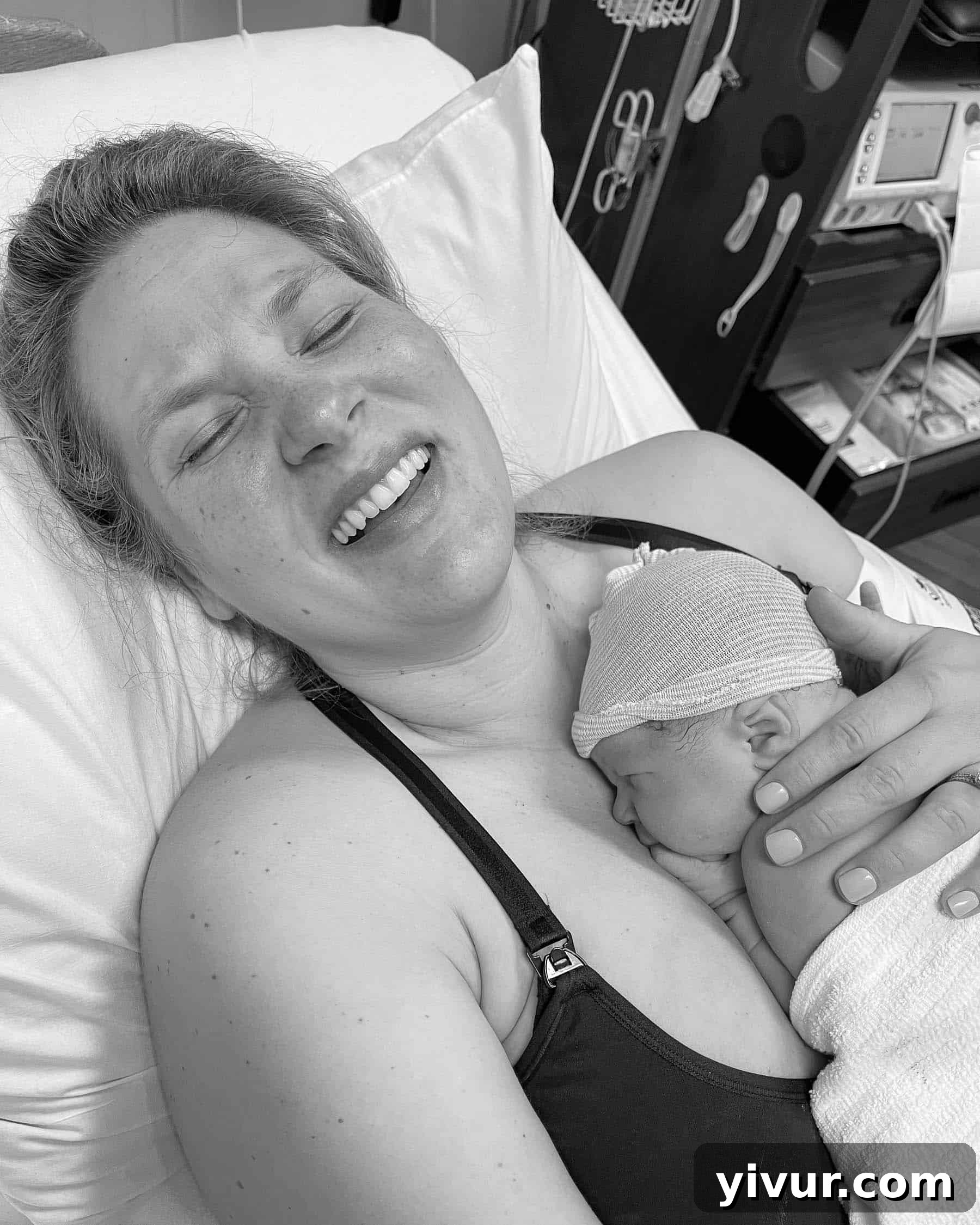 Newborn Luke is held by his mother immediately after birth, a moment of pure relief and love.