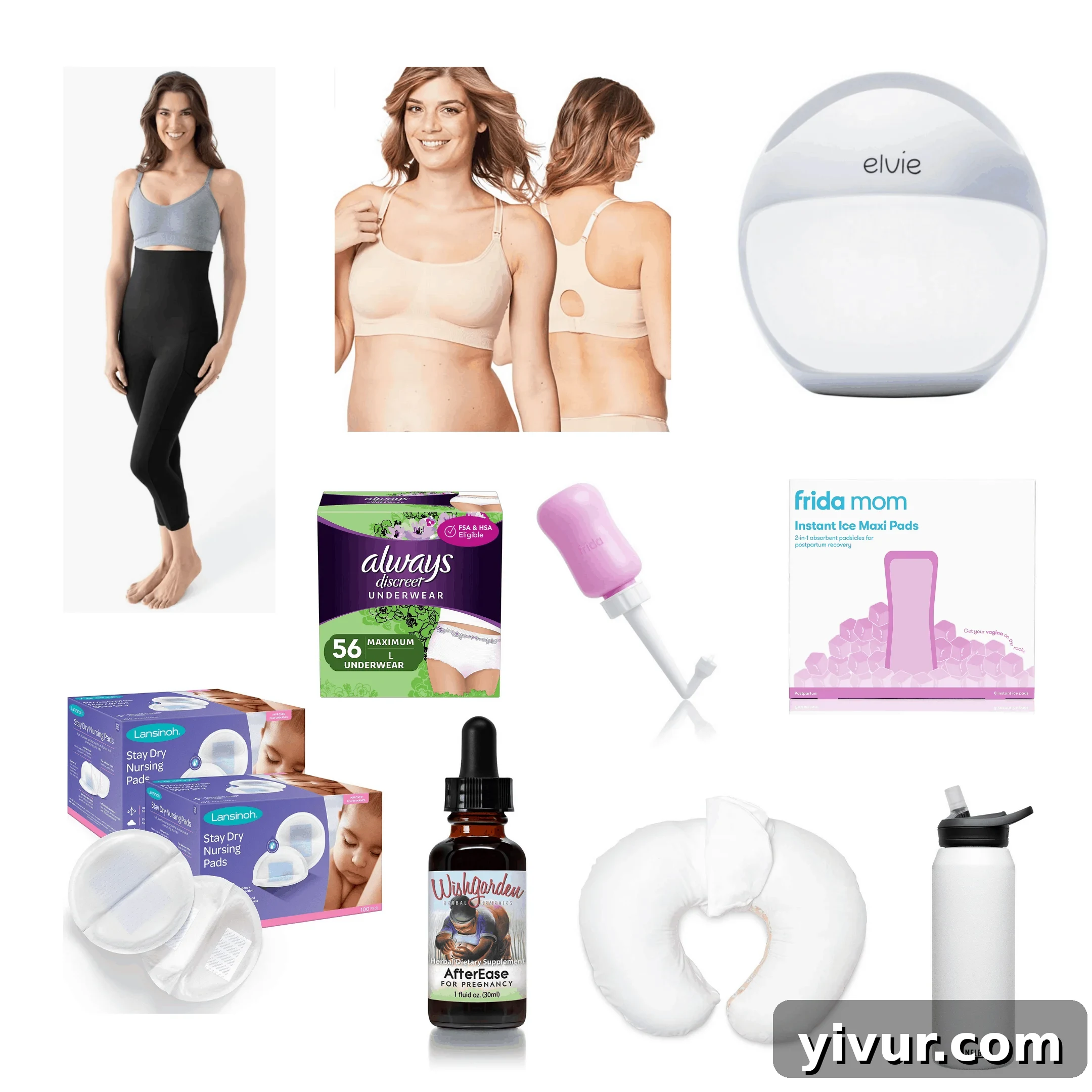 A selection of postpartum essentials arranged neatly on a surface, including a breast pump, adult diapers, and other care items, symbolizing comfort and recovery for new mothers.