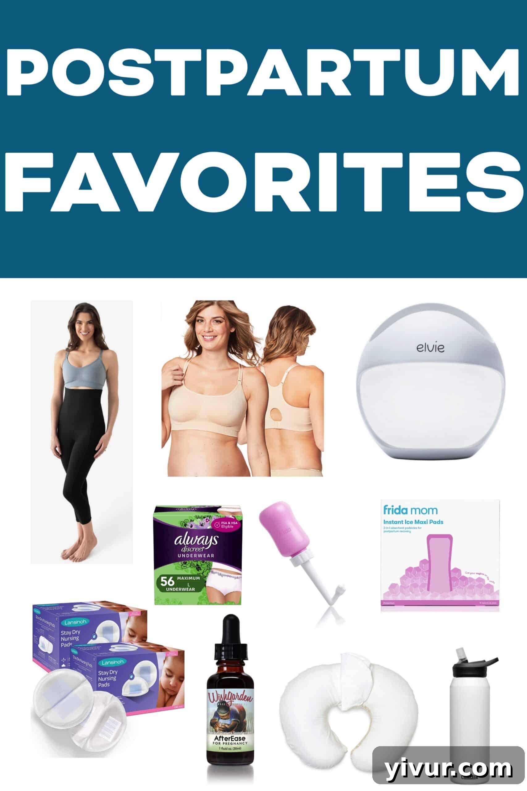 A second image showcasing postpartum essentials, potentially featuring a Boppy nursing pillow and a water bottle, reinforcing the theme of comfort and support for new mothers.