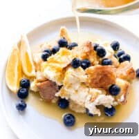 Prepared Lemon and Cream Cheese Overnight French Toast Casserole ready to be served