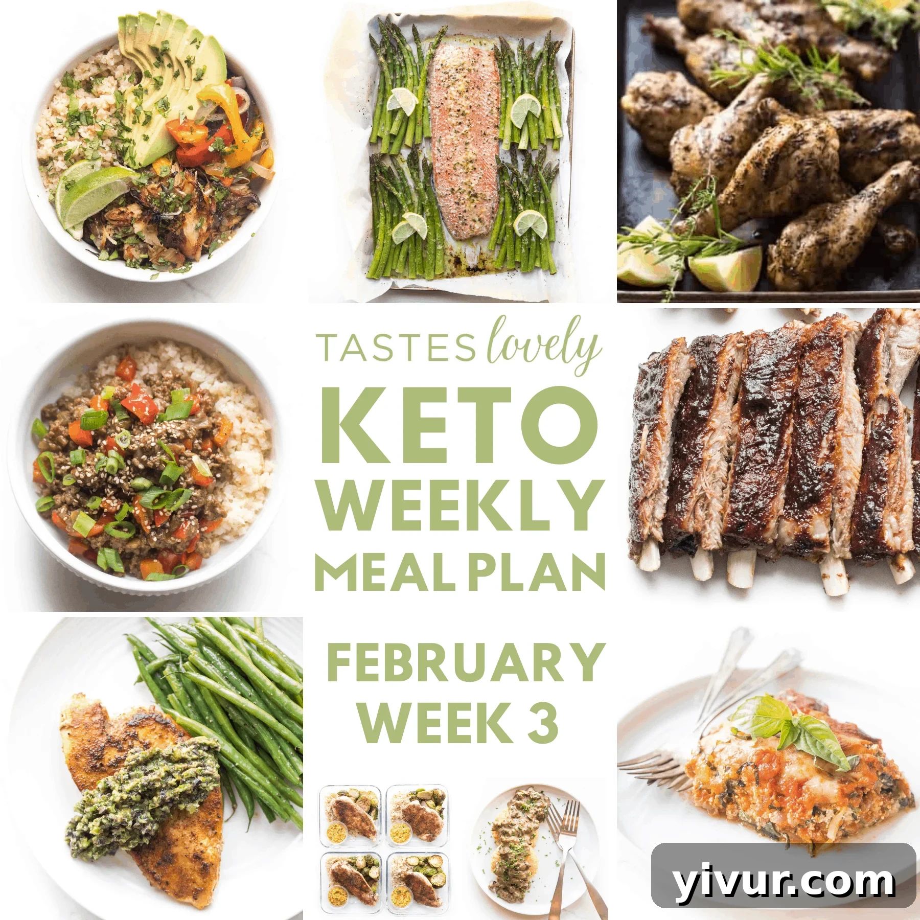 A beautifully designed keto weekly meal plan template for February, showing a structured menu with spaces for notes.