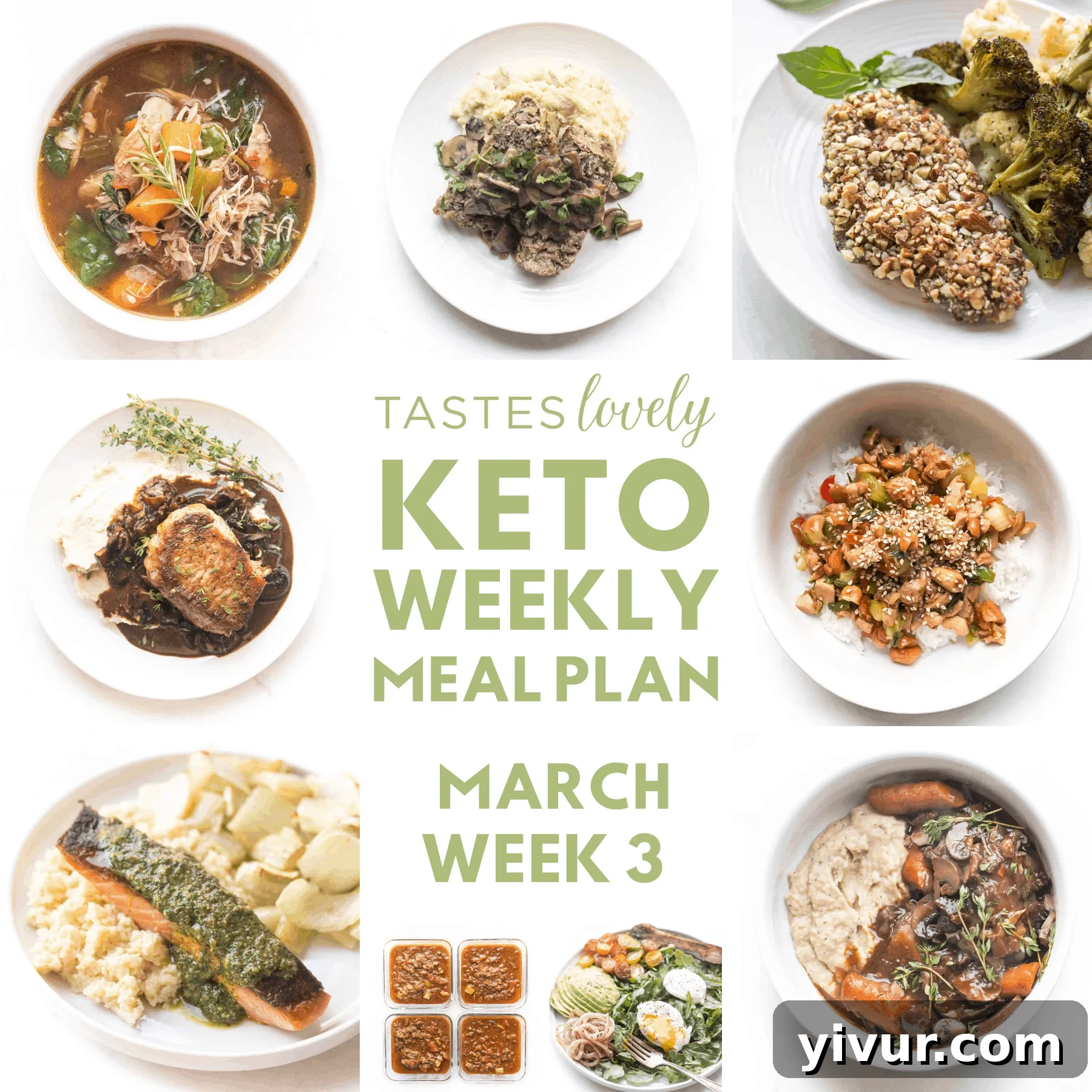A vibrant collage featuring various delicious keto meals, representing a week's worth of healthy eating.