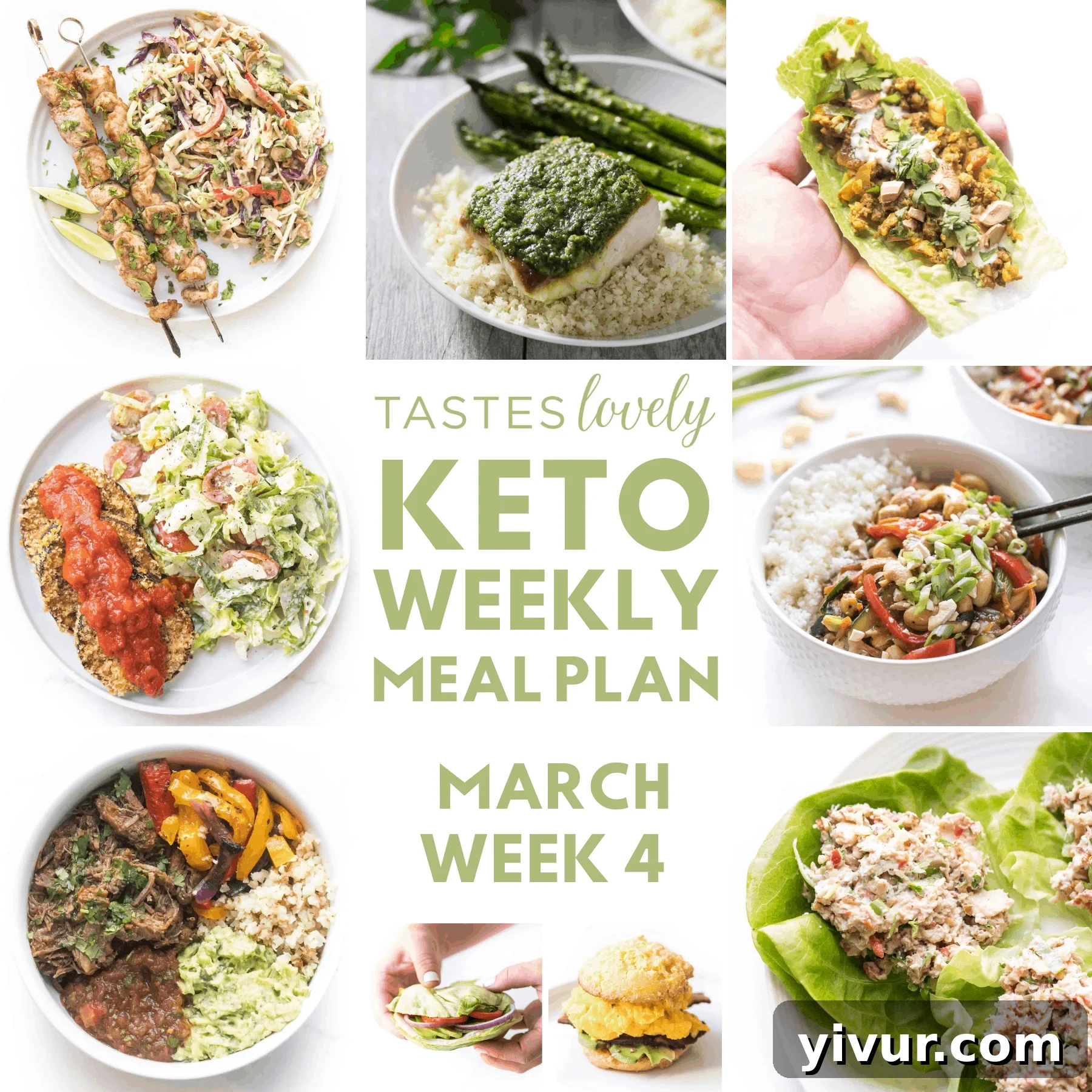A vibrant weekly keto meal plan featuring a variety of low-carb dishes like chicken satay, pesto mahi mahi, curry lettuce wraps, and crispy eggplant, all designed for delicious and easy healthy eating.