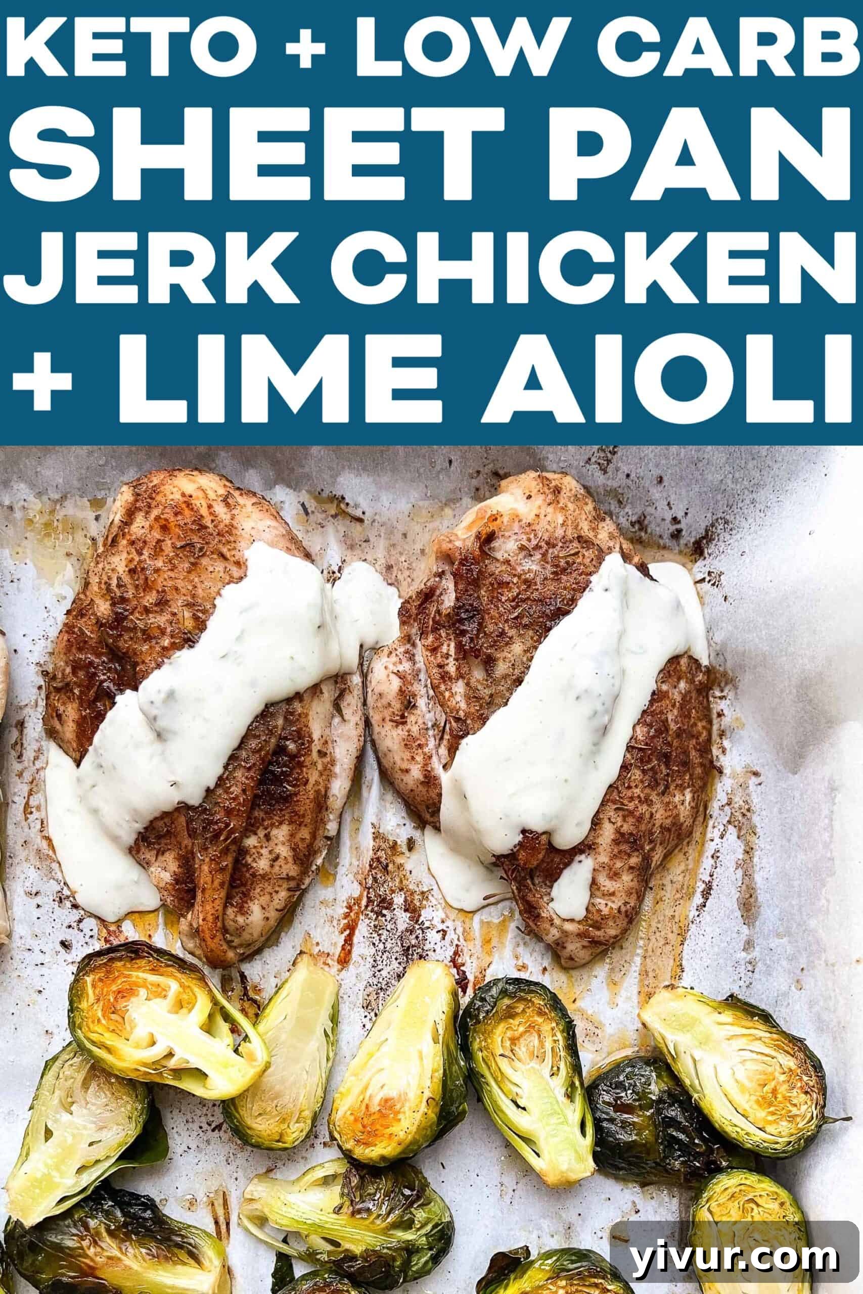 Final plated dish of jerk chicken with aioli, roasted brussels sprouts and radishes, garnished with fresh lime