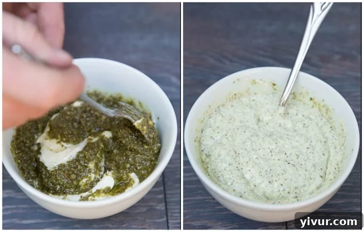 The star of the show: a bowl of creamy, herbaceous Pesto Mayo for the Caprese sandwich.