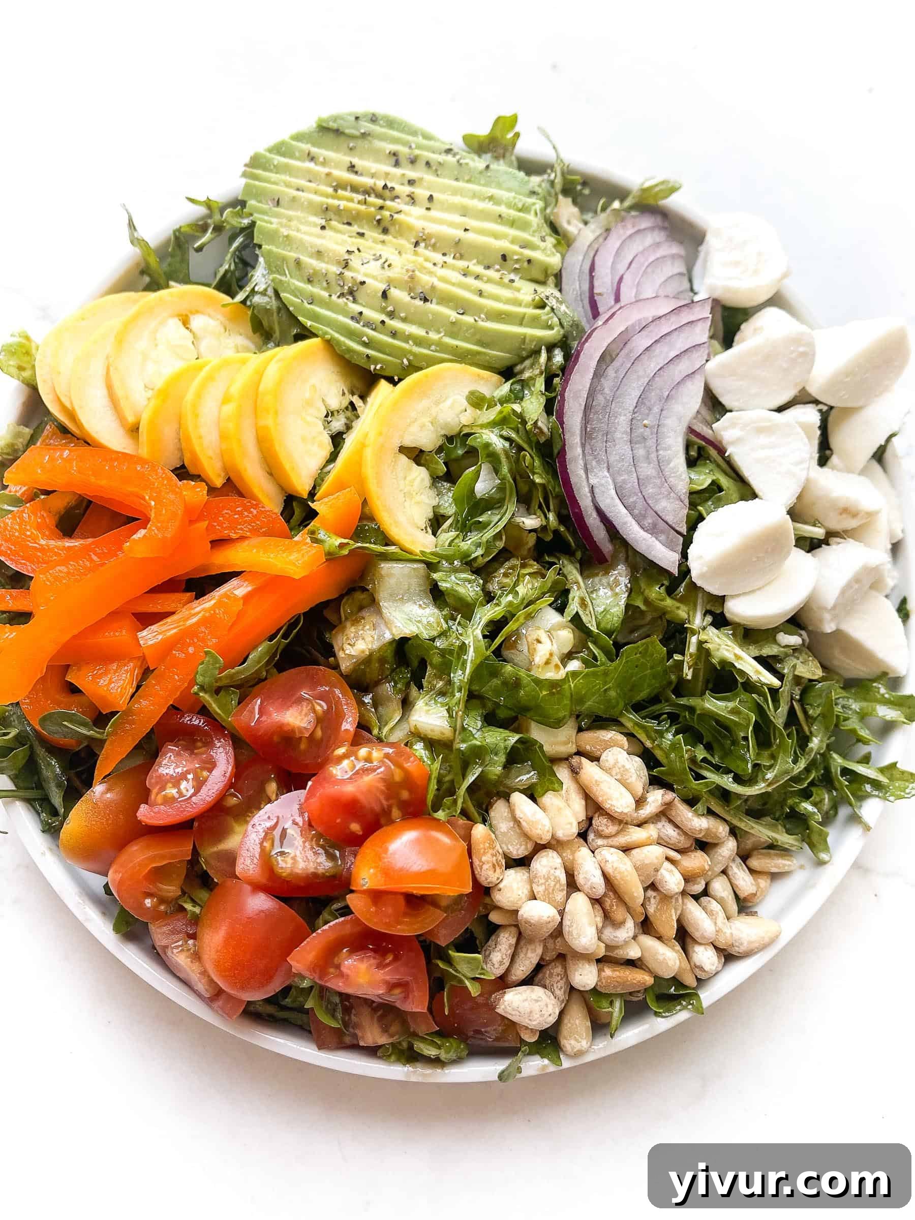 A beautifully arranged rainbow chopped salad featuring cherry tomatoes, vibrant bell pepper, yellow squash, creamy avocado, crisp red onion, mini mozzarella balls, and toasted pine nuts, all served over a bed of fresh arugula.